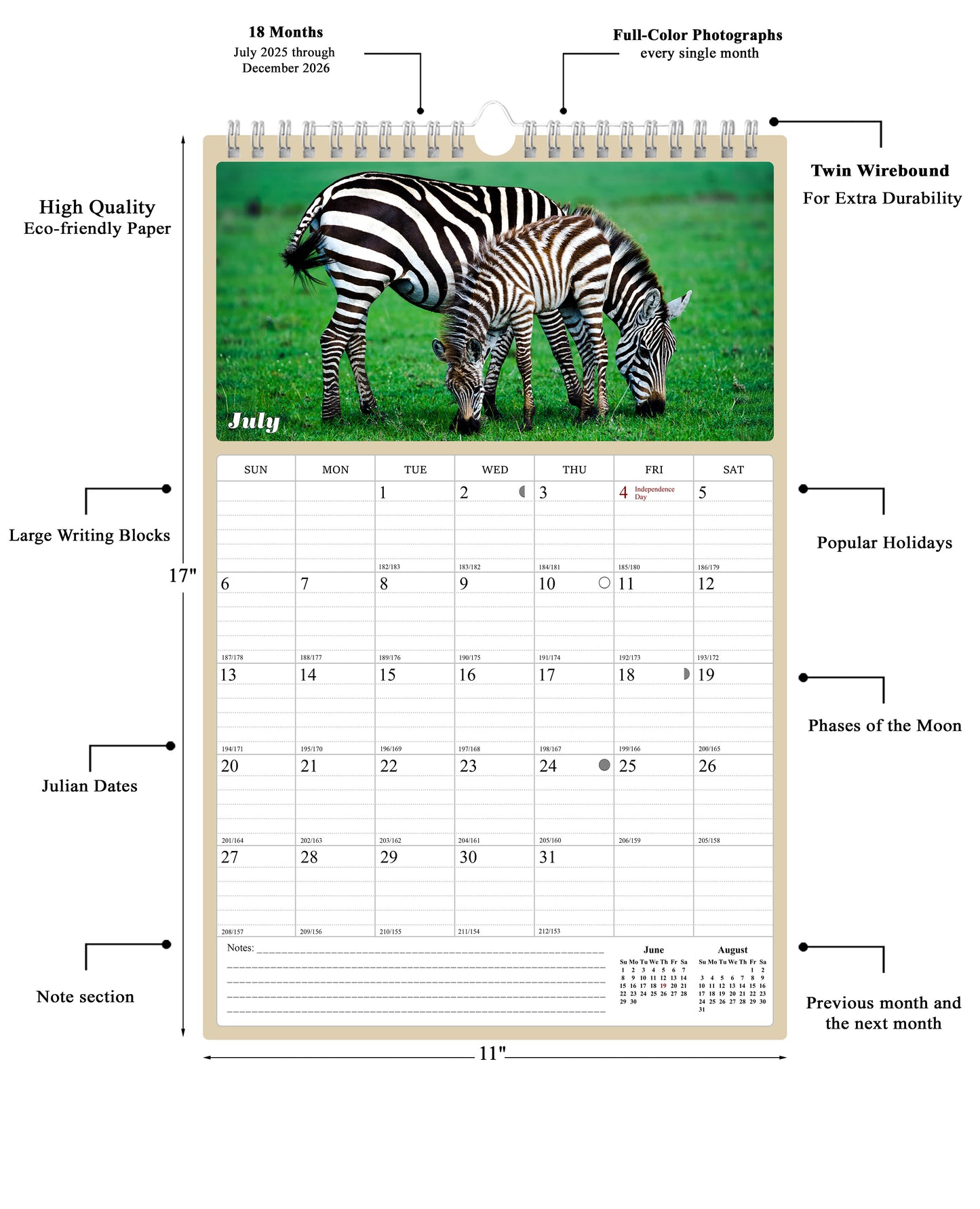 2025 - 2026 Wall Calendar Spiral-bound Twin-Wire Binding - 18 Months Planner - Large Ruled Blocks with Julian Dates - (Baby Animals)
