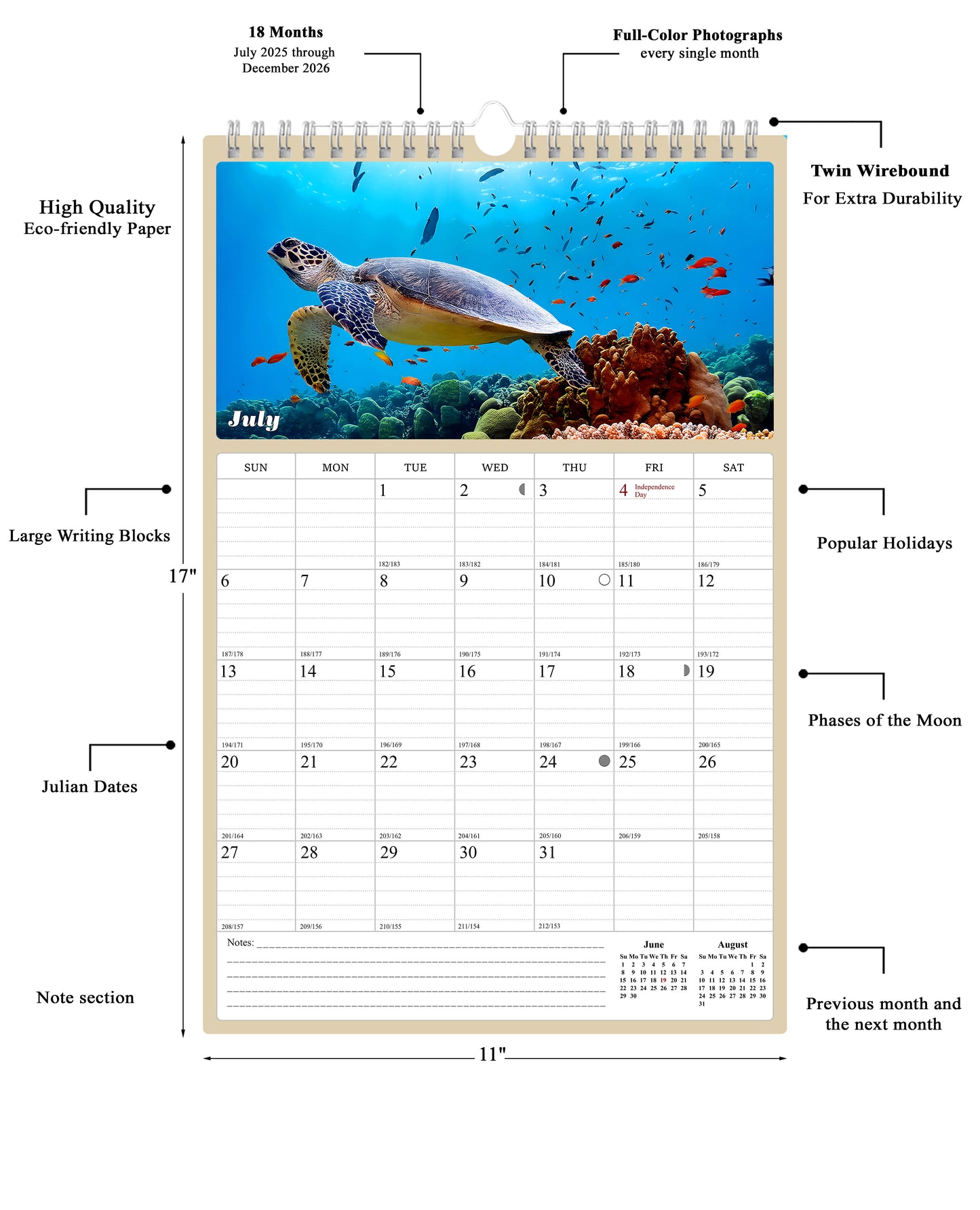 2025 - 2026 Wall Calendar Spiral-bound Twin-Wire Binding - 18 Months Planner - Large Ruled Blocks with Julian Dates - (Turtles)
