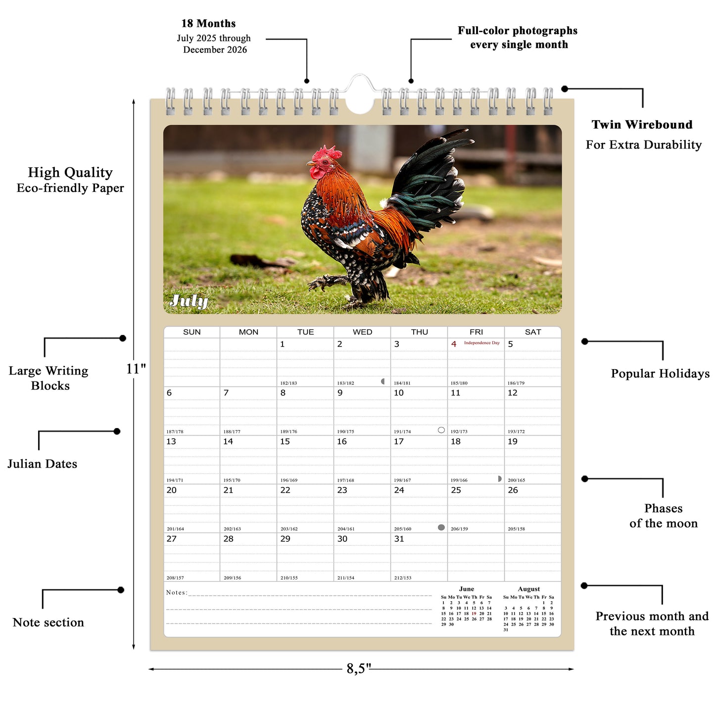 2025 - 2026 Wall Calendar Spiral-bound Twin-Wire Binding - 18 Months Planner - Large Ruled Blocks with Julian Dates - (Roosters)