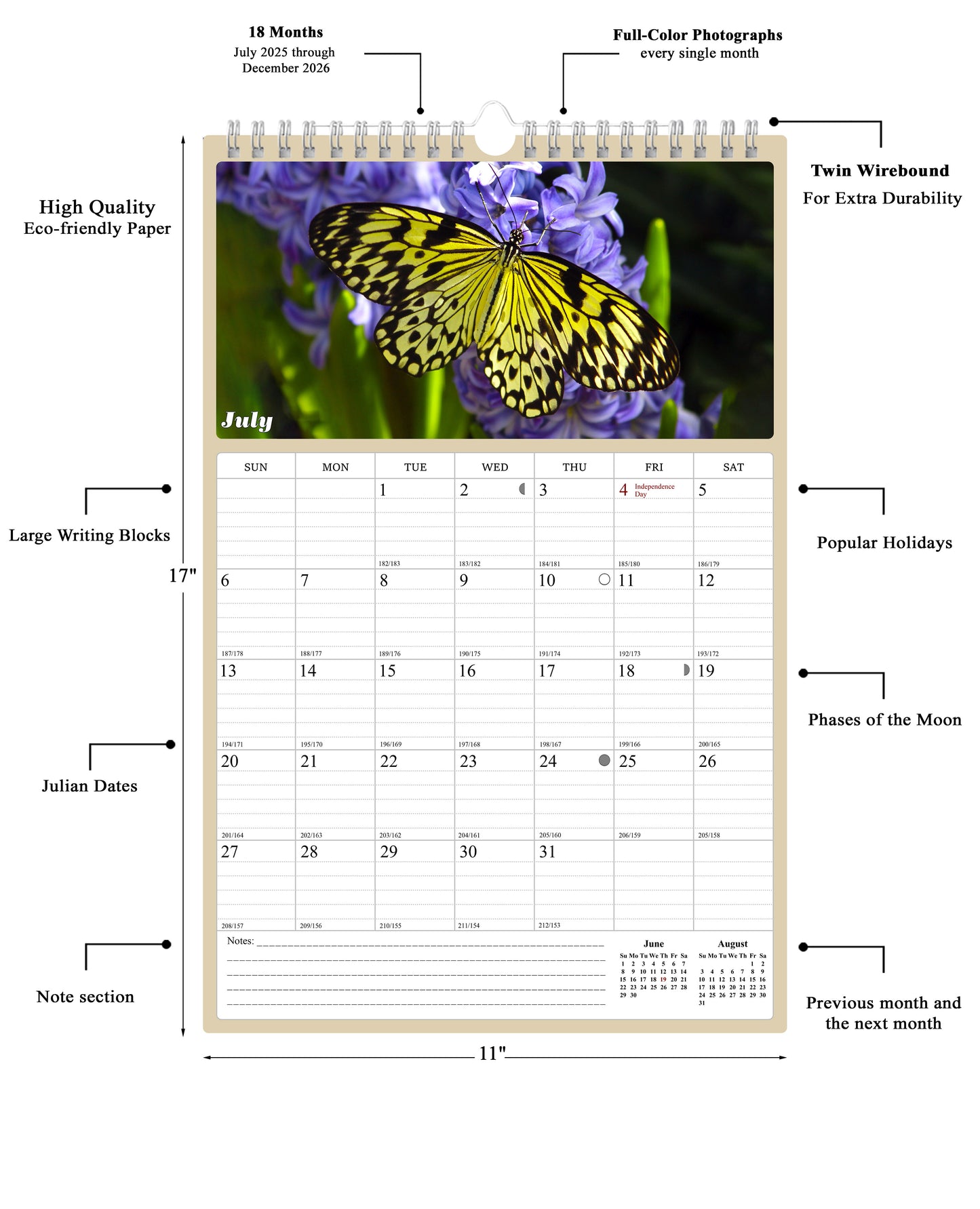 2025 - 2026 Wall Calendar Spiral-bound Twin-Wire Binding - 18 Months Planner - Large Ruled Blocks with Julian Dates - (Buterflyes)