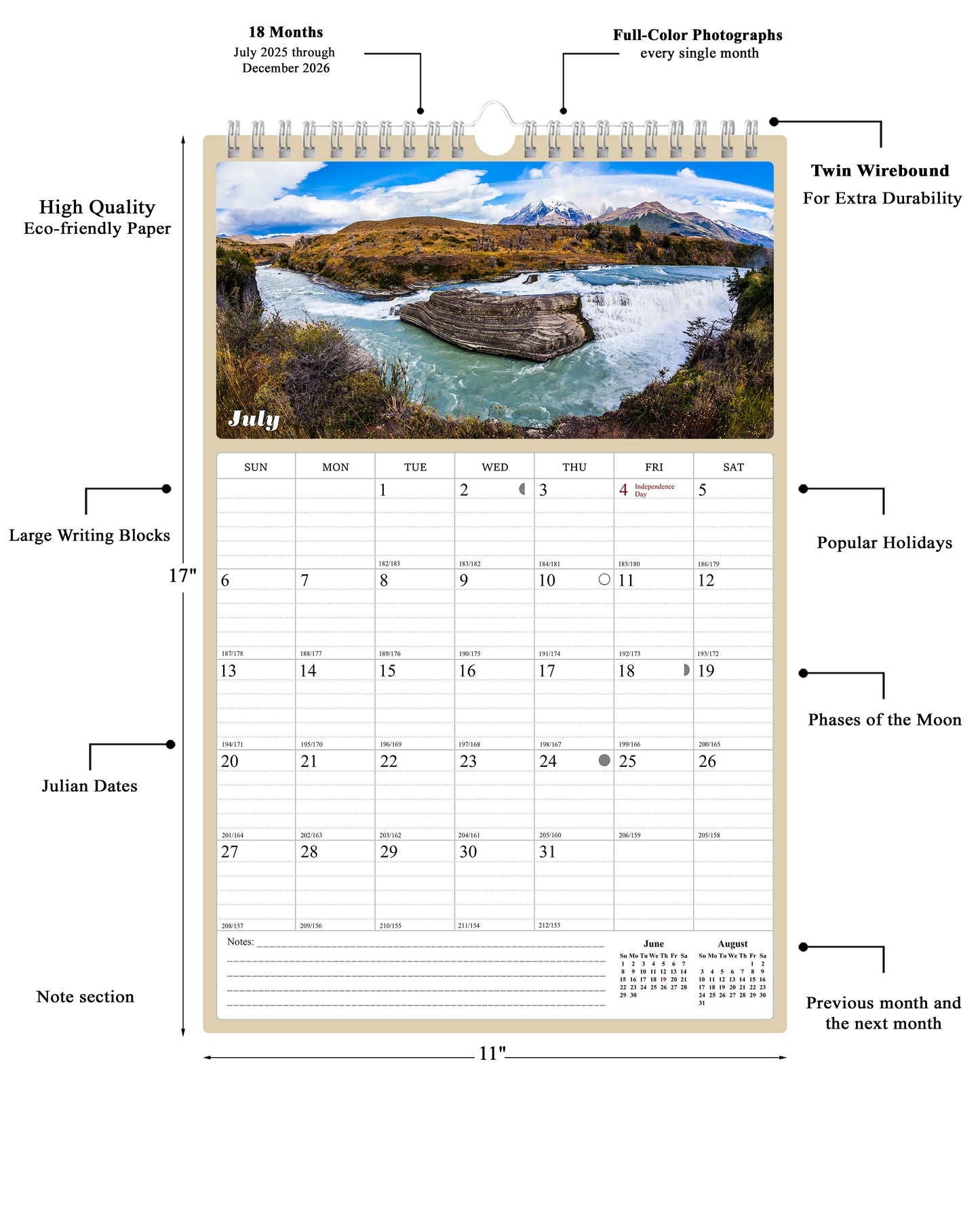 2025 - 2026 Wall Calendar Spiral-bound Twin-Wire Binding - 18 Months Planner - Large Ruled Blocks with Julian Dates - (National Parks)