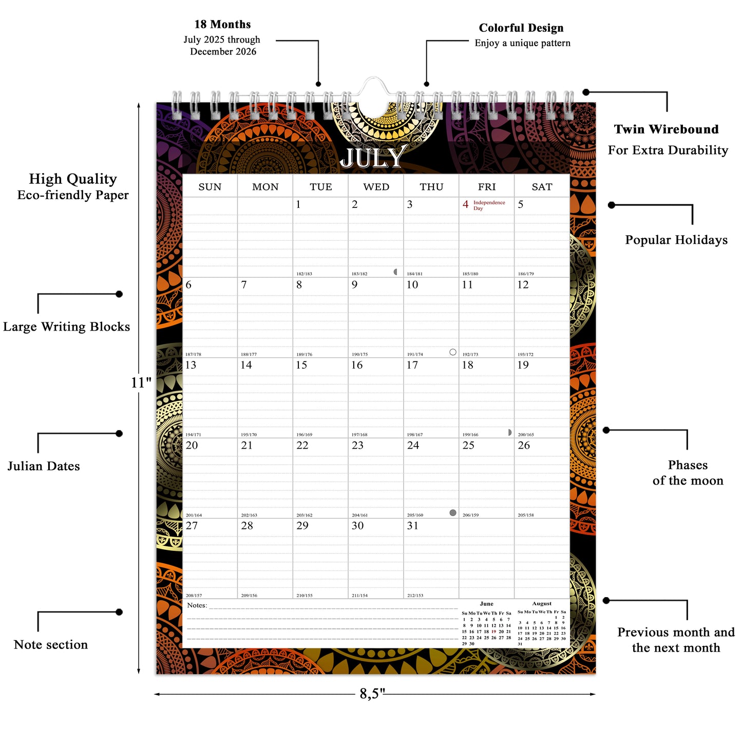 2025-2026 Wall Calendar Spiral-bound Twin-Wire Binding - 18 Months 8.5" x 11" 09
