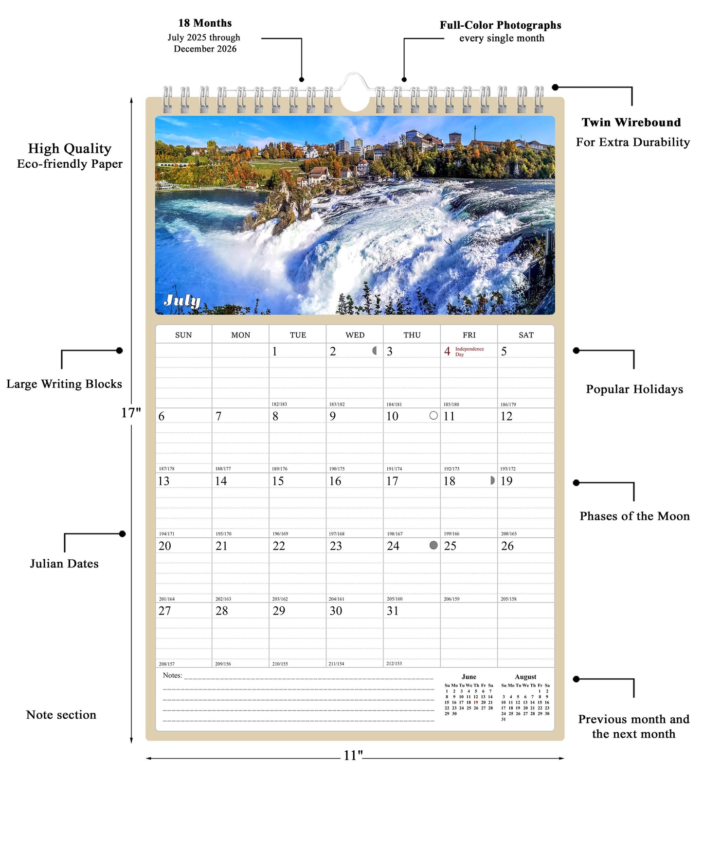 2025 - 2026 Wall Calendar Spiral-bound Twin-Wire Binding - 18 Months Planner - Large Ruled Blocks with Julian Dates - (Waterfalls)