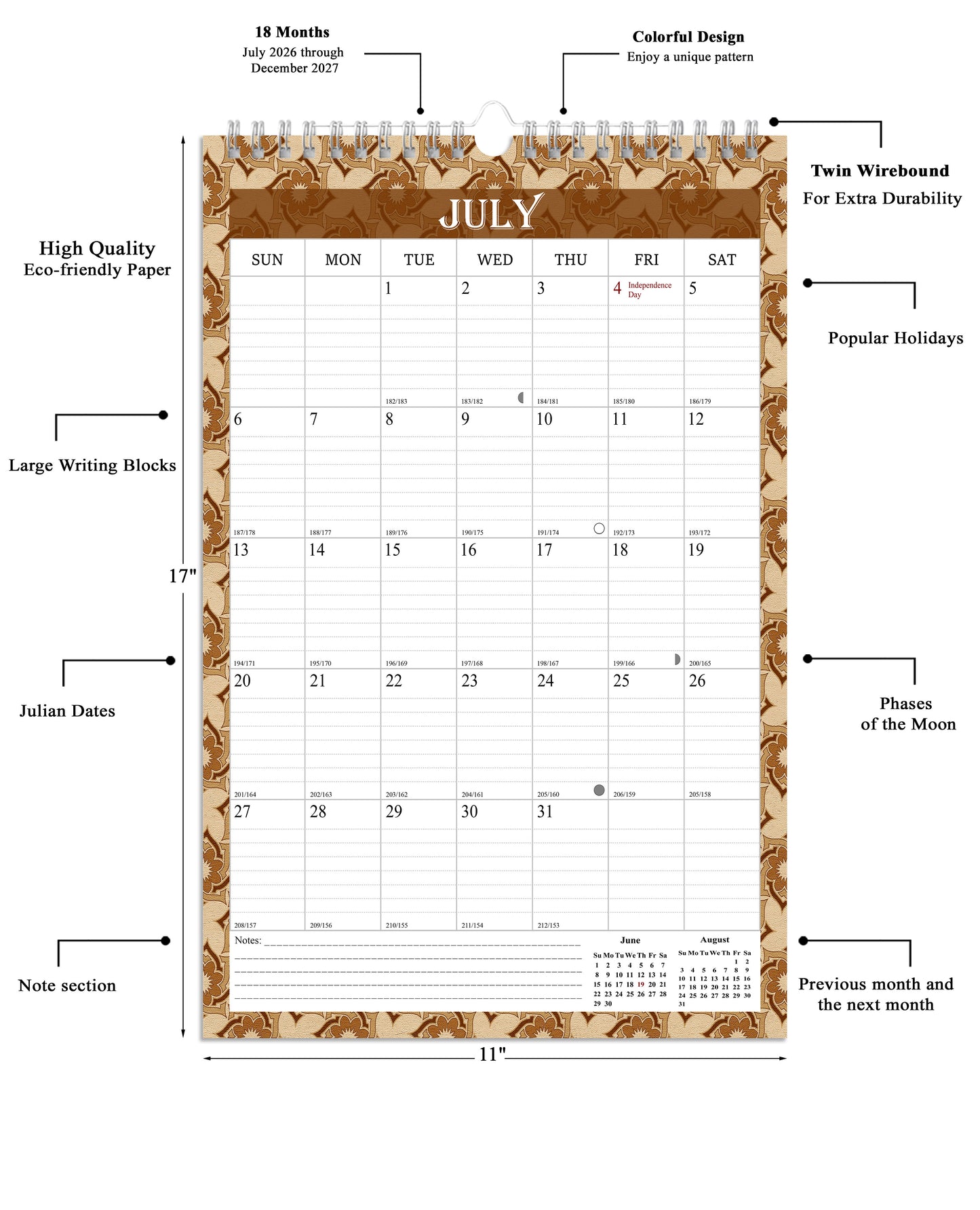 2026-2027 Wall Calendar Spiral-bound Twin-Wire Binding - 18 Months 11" x 17" 02