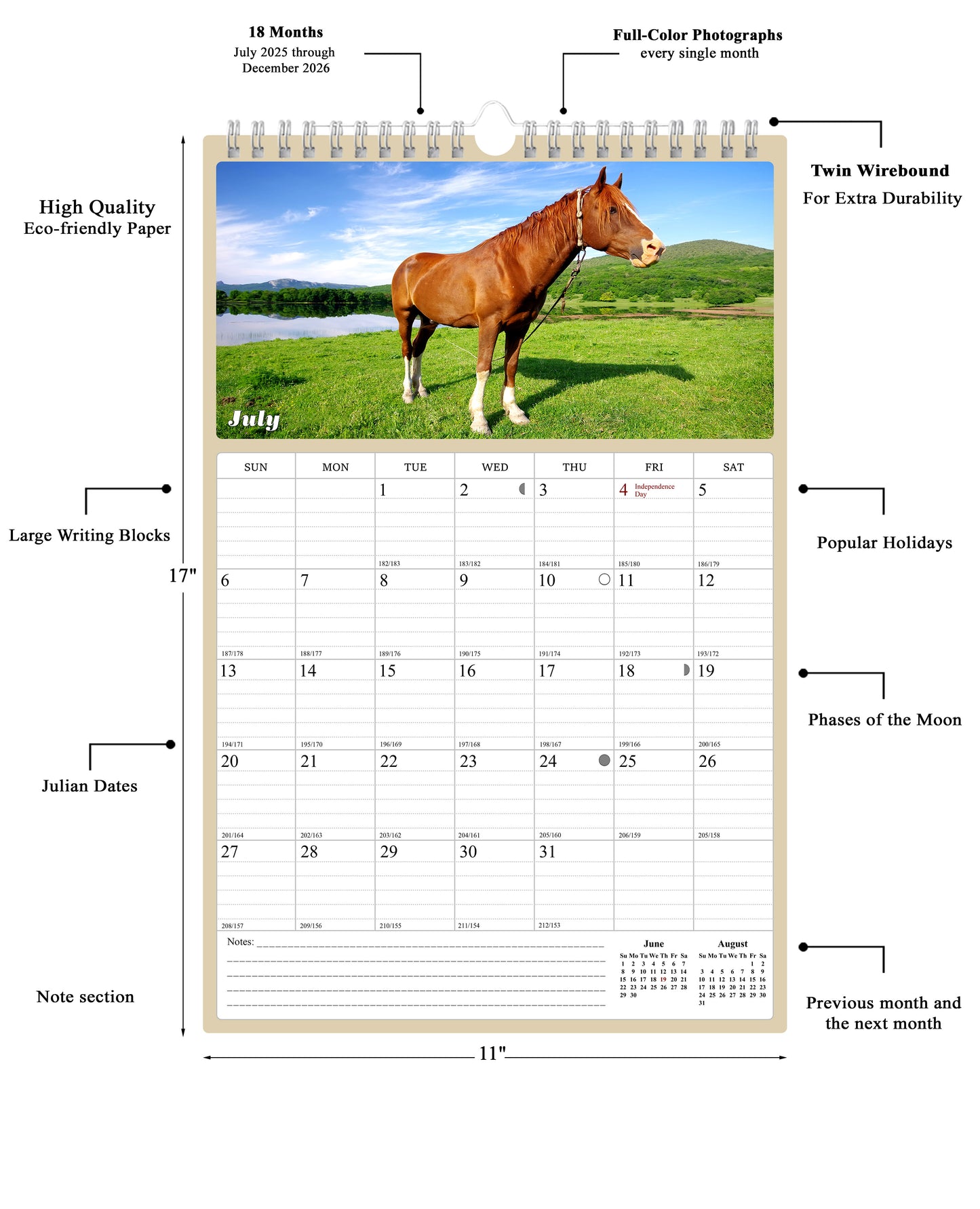 2025 - 2026 Wall Calendar Spiral-bound Twin-Wire Binding - 18 Months Planner - Large Ruled Blocks with Julian Dates - (Horses)