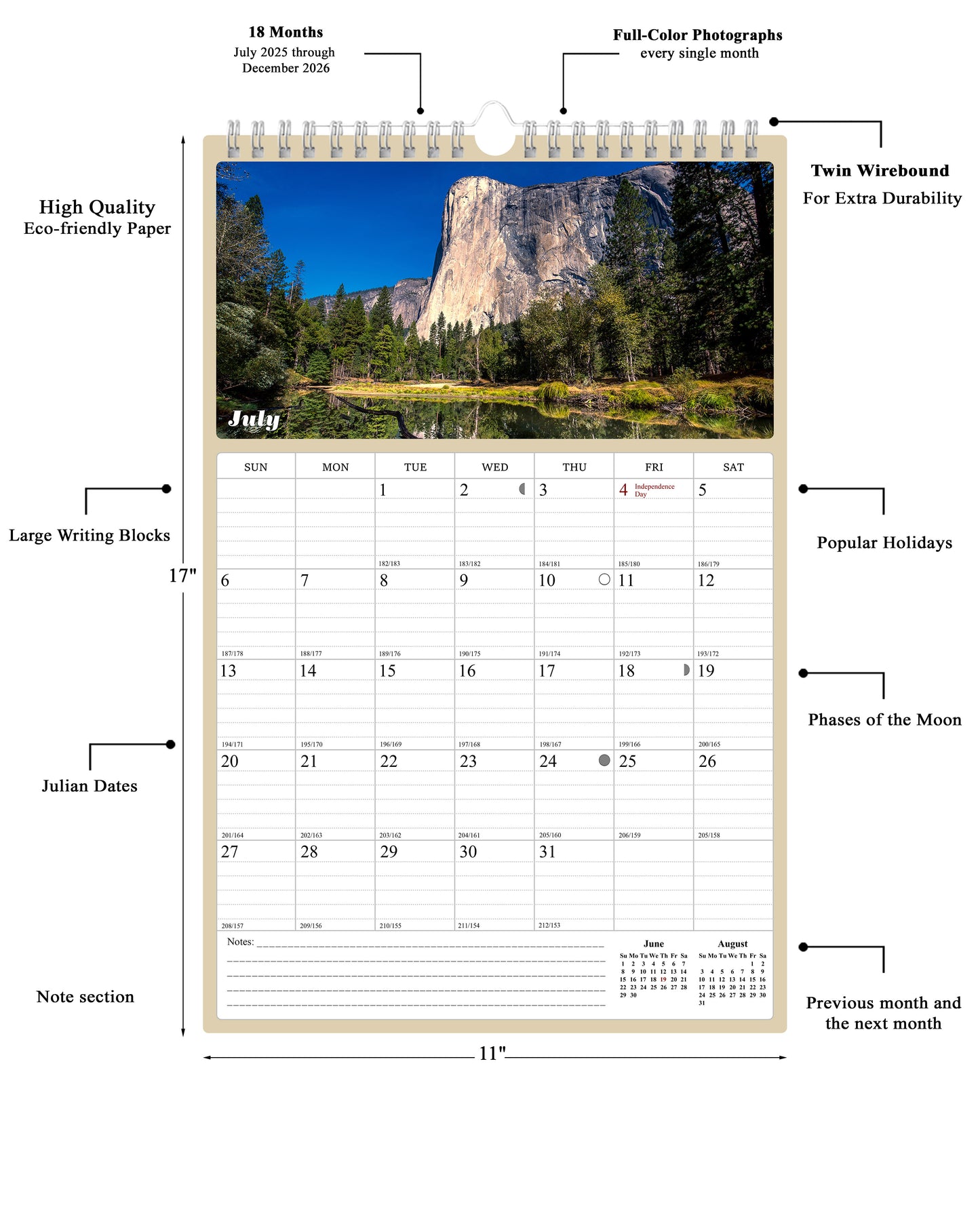 2025 - 2026 Wall Calendar Spiral-bound Twin-Wire Binding - 18 Months Planner - Large Ruled Blocks with Julian Dates - (Outdoors)