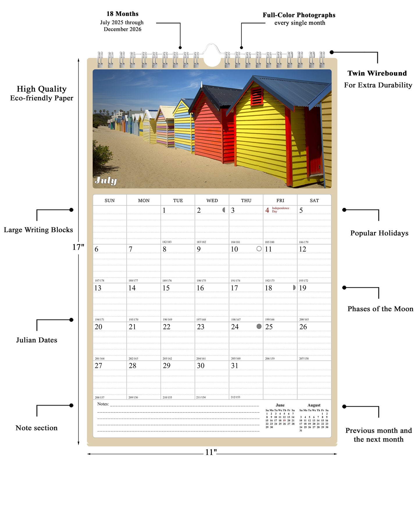 2025 - 2026 Wall Calendar Spiral-bound Twin-Wire Binding - 18 Months Planner - Large Ruled Blocks with Julian Dates - (Beaches)