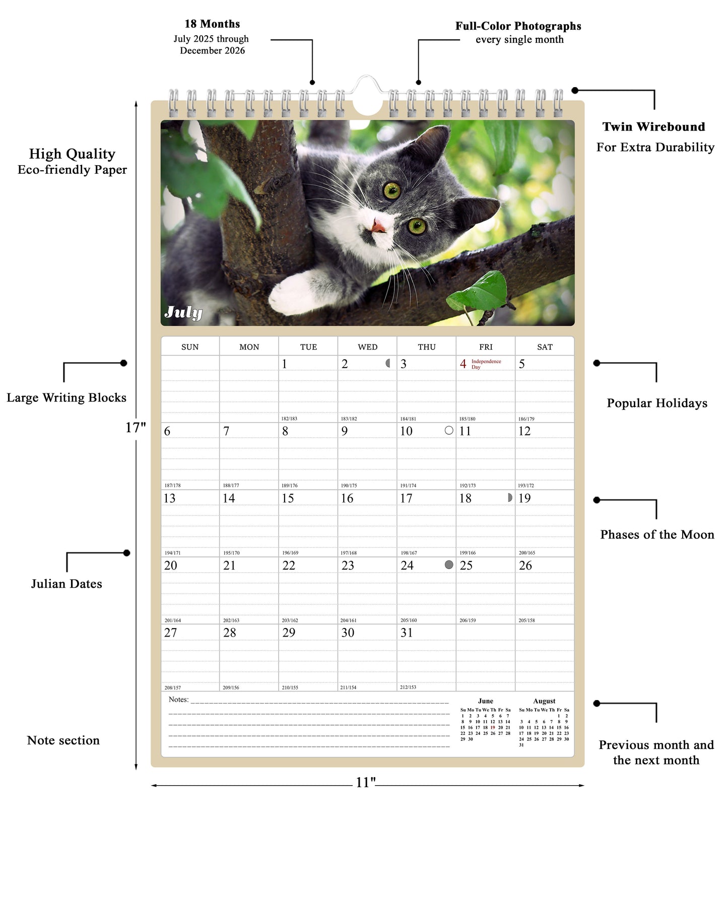 2025 - 2026 Wall Calendar Spiral-bound Twin-Wire Binding - 18 Months Planner - Large Ruled Blocks with Julian Dates - (Cats)