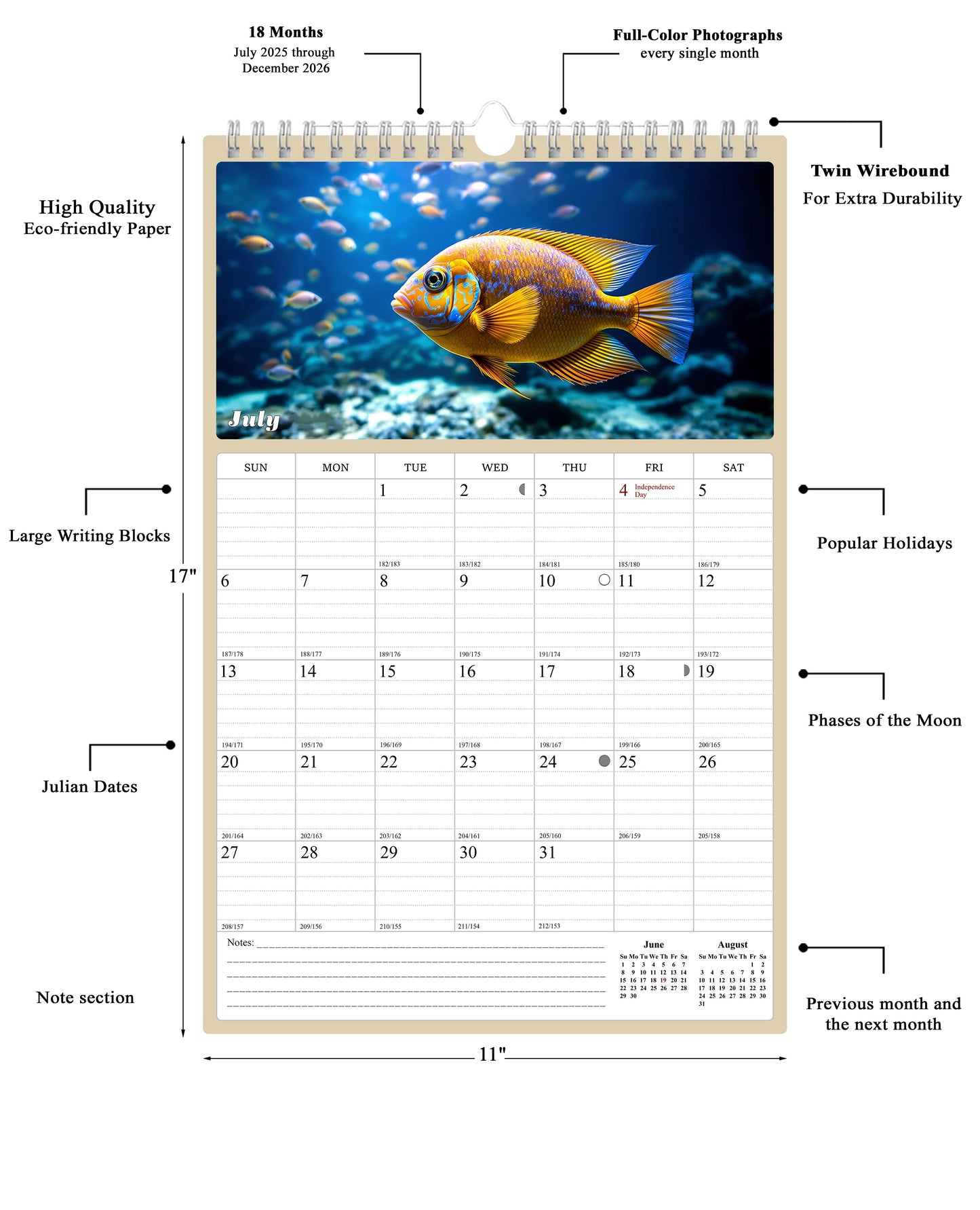 2025 - 2026 Wall Calendar Spiral-bound Twin-Wire Binding - 18 Months Planner - Large Ruled Blocks with Julian Dates - (Tropical Fishes)