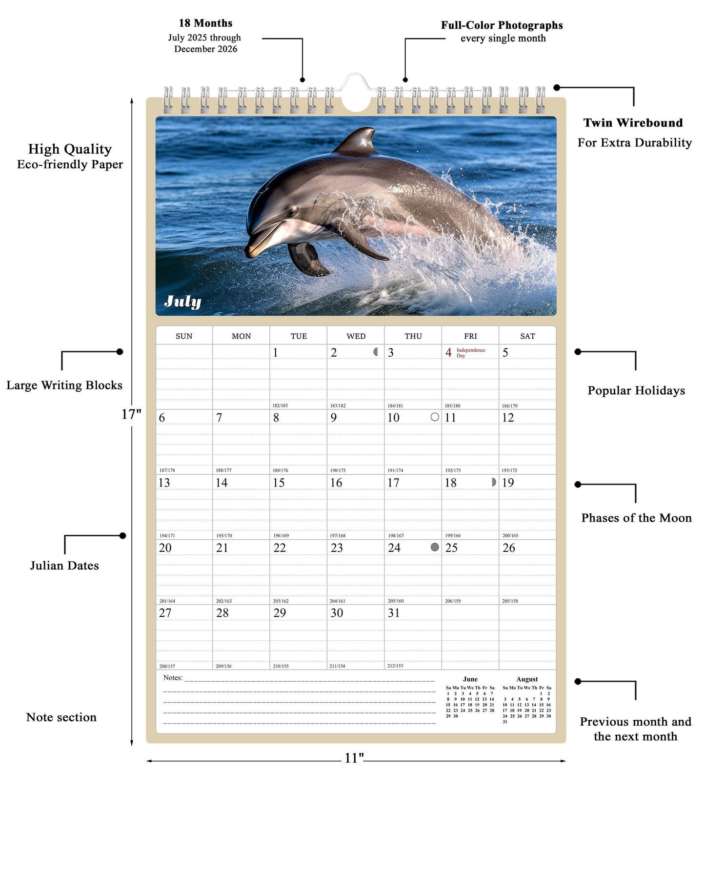 2025 - 2026 Wall Calendar Spiral-bound Twin-Wire Binding - 18 Months Planner - Large Ruled Blocks with Julian Dates - (Dolphins)