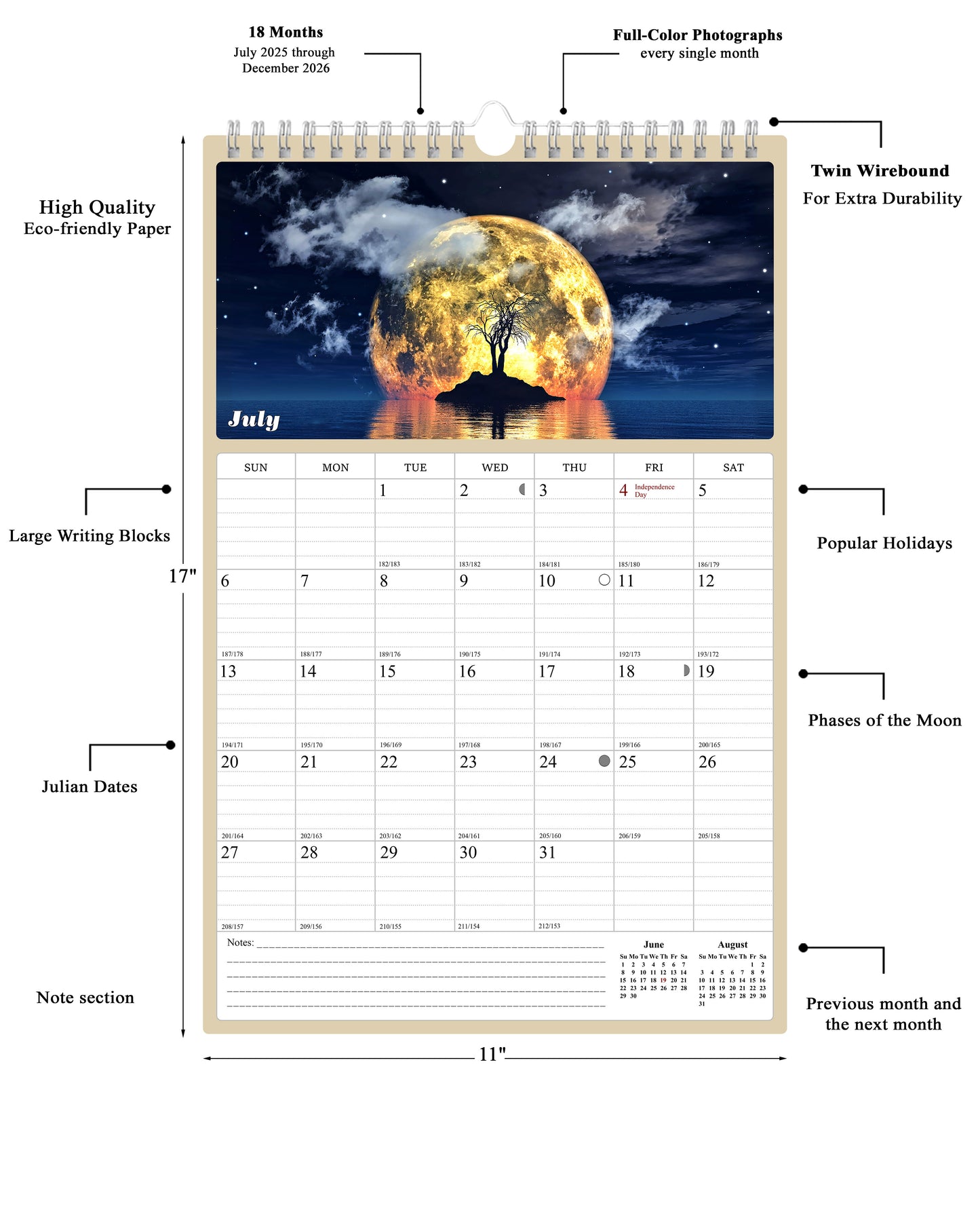 2025 - 2026 Wall Calendar Spiral-bound Twin-Wire Binding - 18 Months Planner - Large Ruled Blocks with Julian Dates - (Lunar)