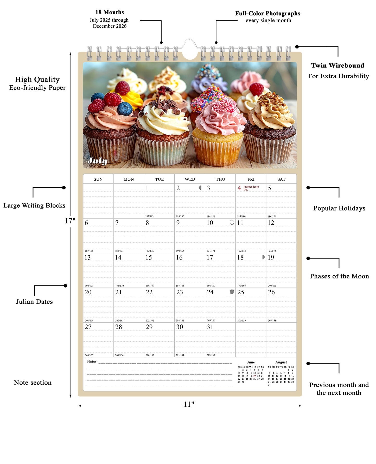 2025 - 2026 Wall Calendar Spiral-bound Twin-Wire Binding - 18 Months Planner - Large Ruled Blocks with Julian Dates - (Cupcakes)