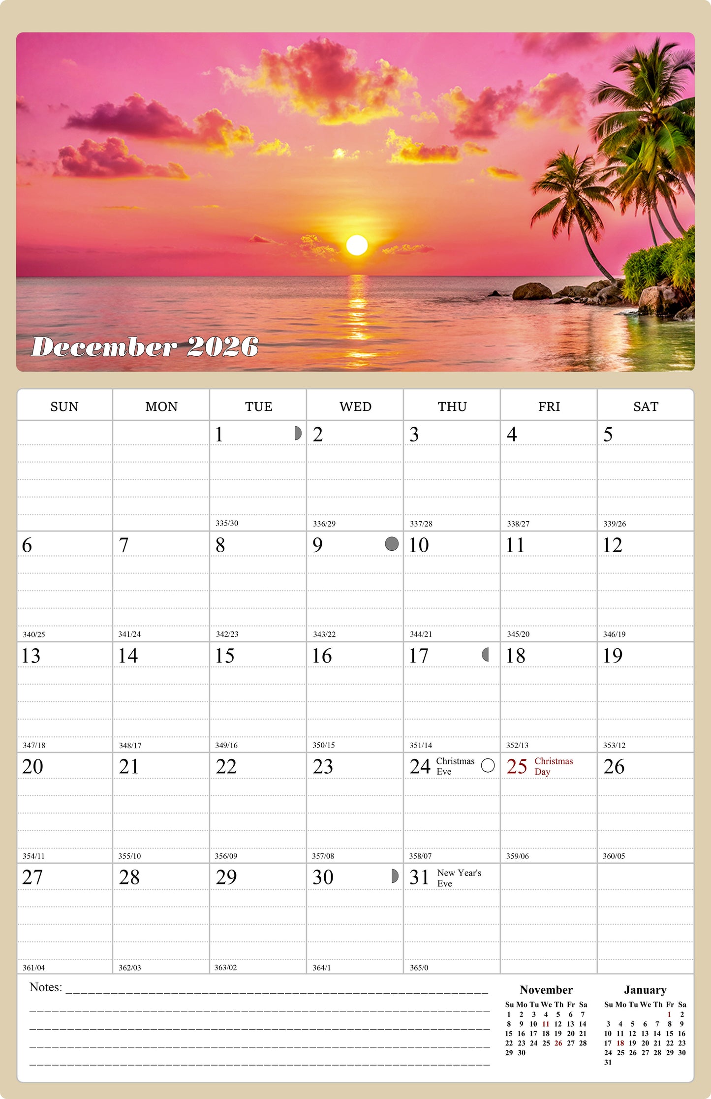 2025 - 2026 Wall Calendar Spiral-bound Twin - 18 Months Sunset&Sunrise 11" x 17"