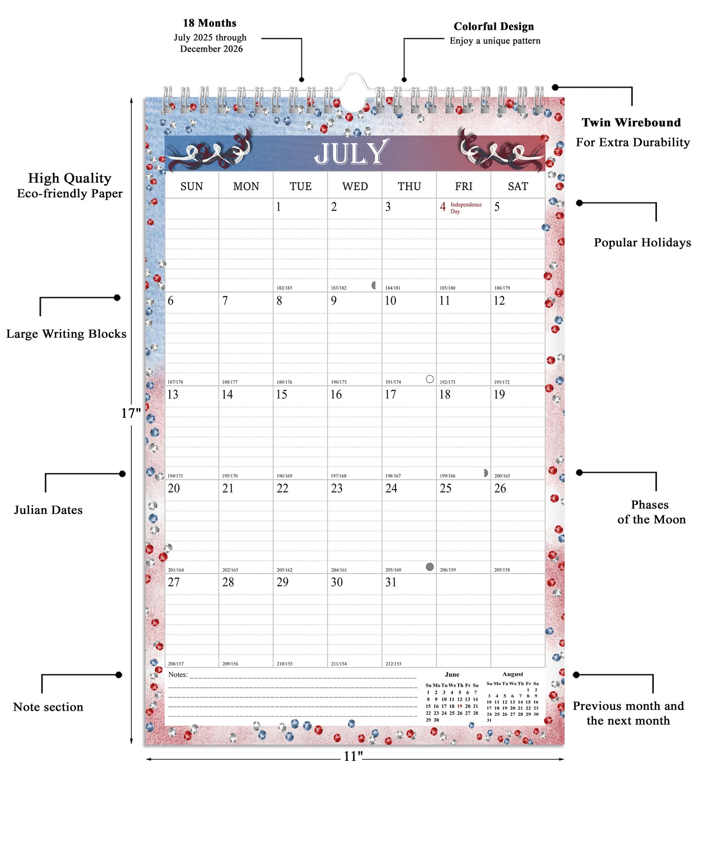 2025-2026 Wall Calendar Spiral-bound Twin-Wire Binding - 18 Months 11" x 17" 012