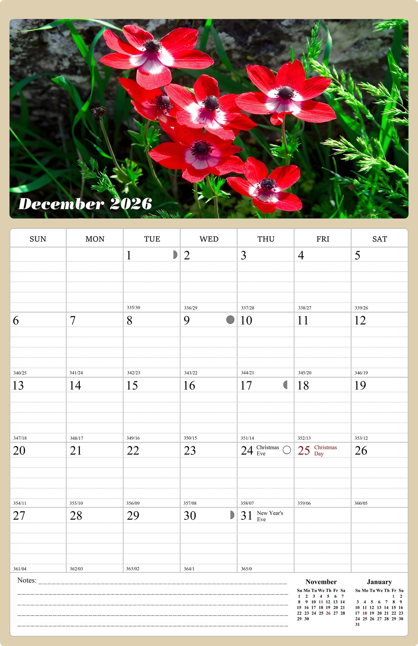 2025 - 2026 Wall Calendar Spiral-bound Twin - 18 Months (Flowers) 11" x 17"