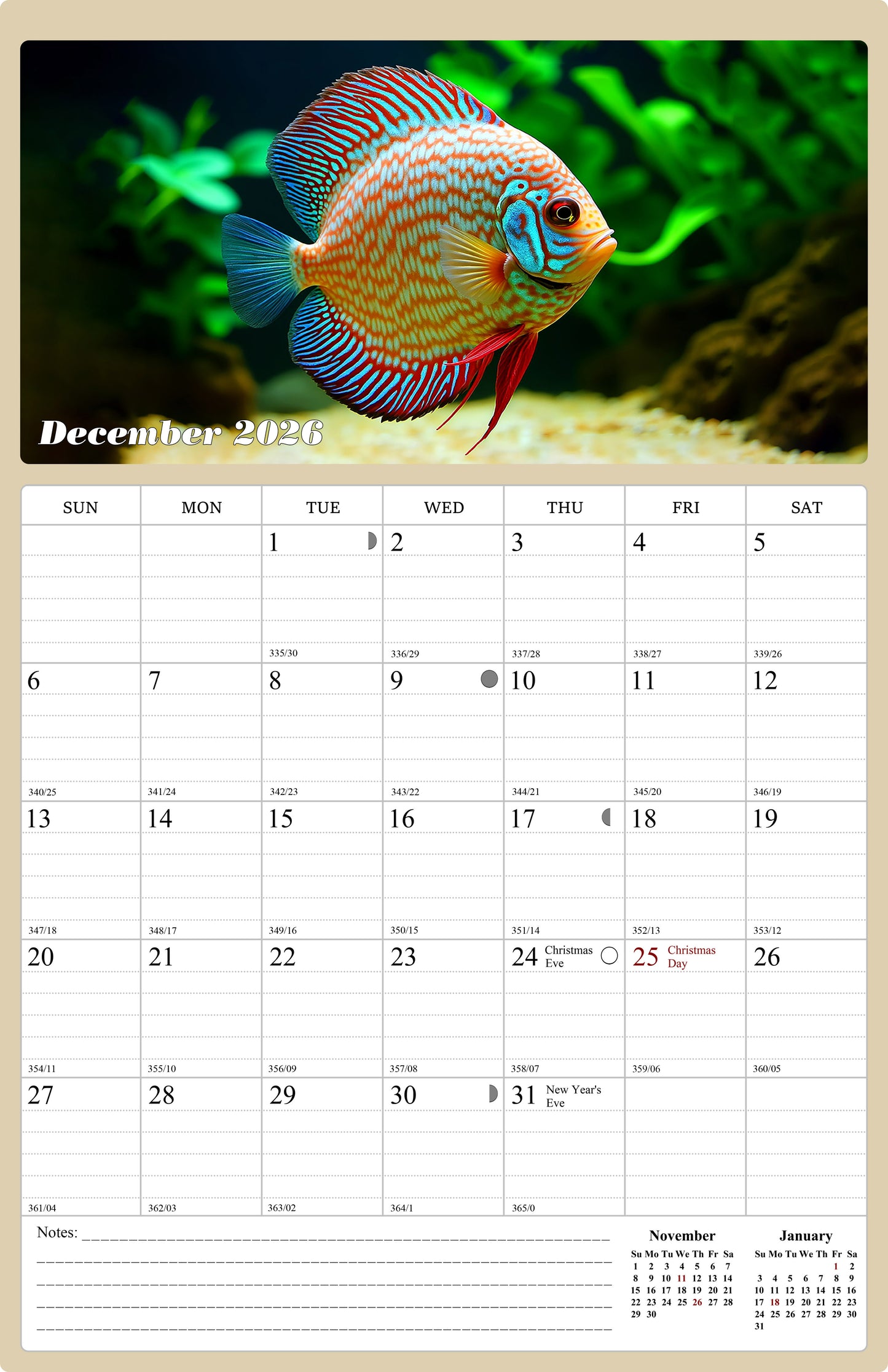 2025 - 2026 Wall Calendar Spiral-bound Twin - 18 Months (Tropical Fishes)