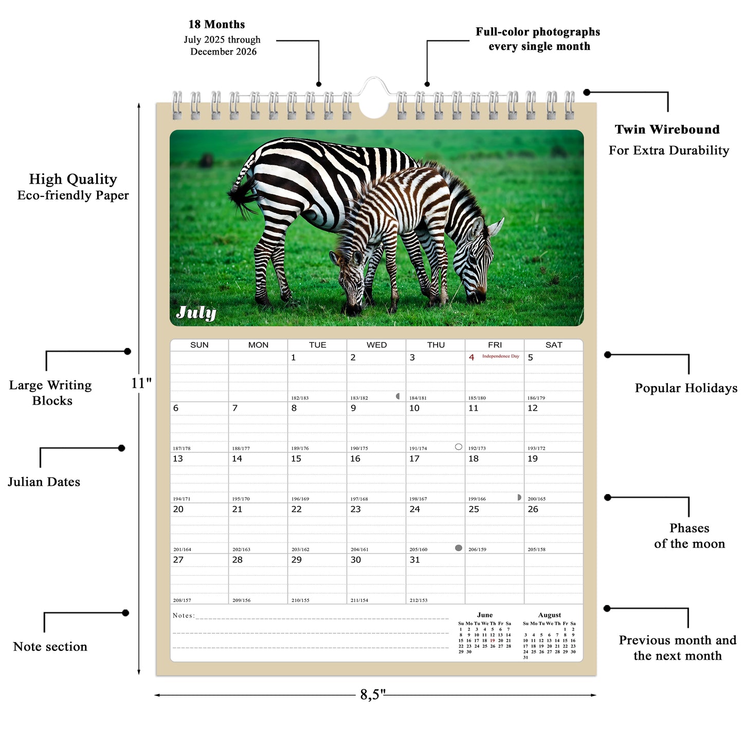 2025 - 2026 Wall Calendar Spiral-bound Twin-Wire Binding - 18 Months Planner - Large Ruled Blocks with Julian Dates - (Baby Animals)