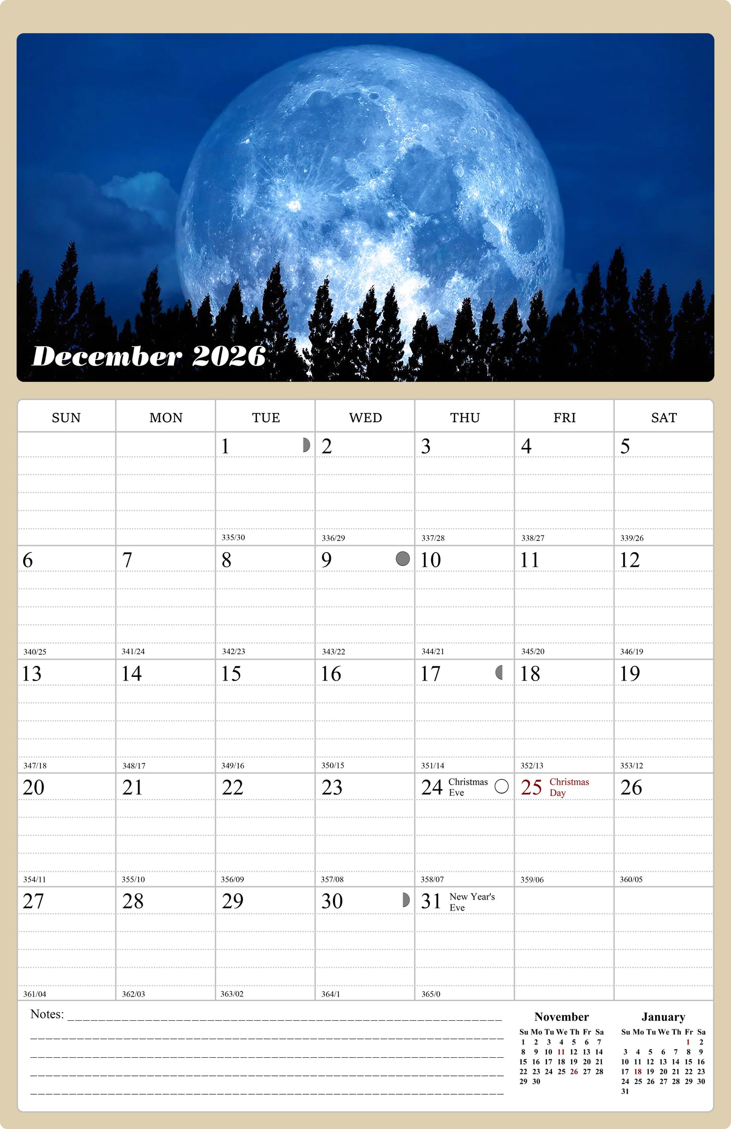 2025 - 2026 Wall Calendar Spiral-bound Twin - 18 Months (Lunar) 11" x 17"