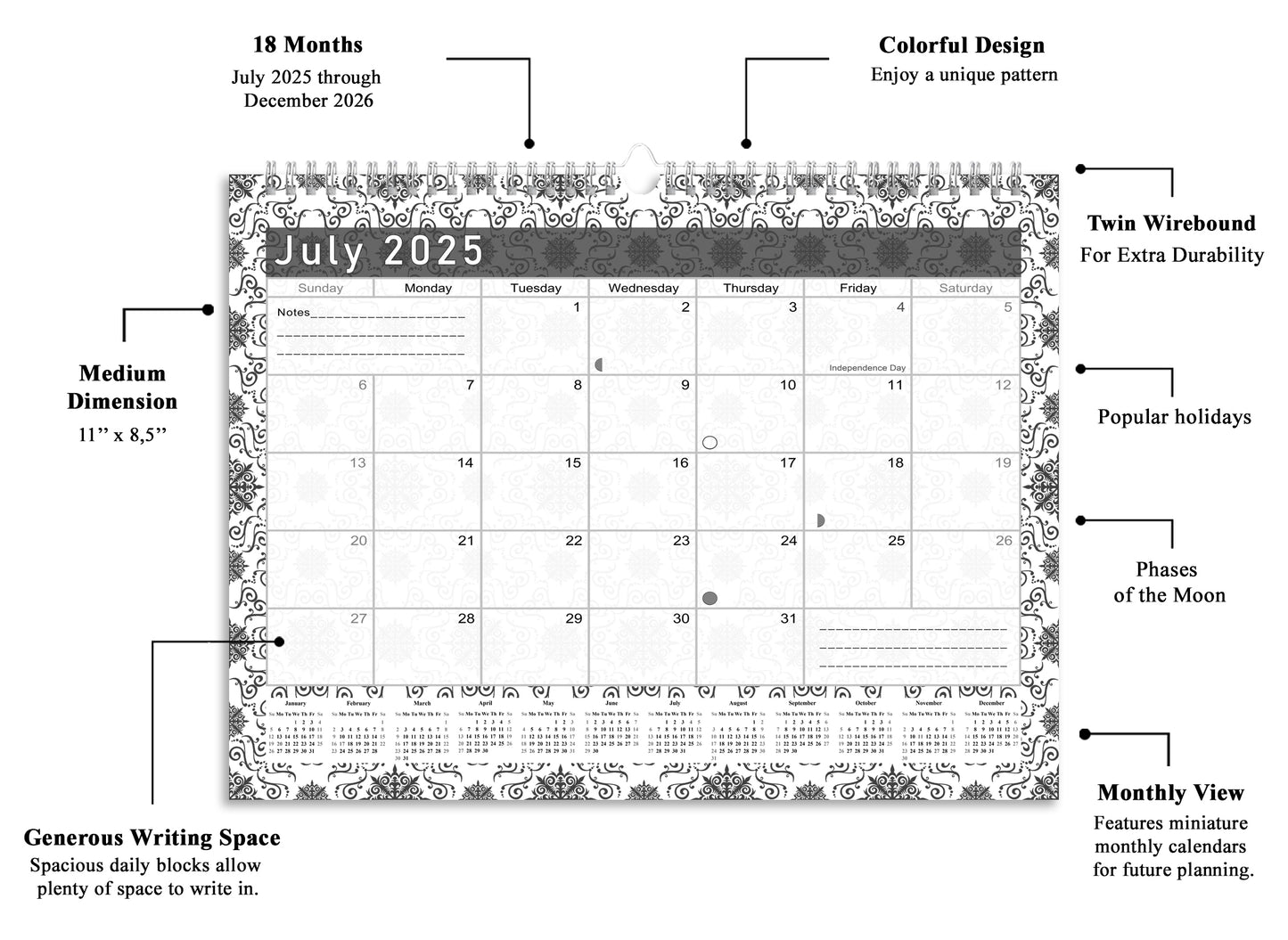 2025-2026 Monthly Spiral-Bound Wall/Desk Calendar - Desktop/Wall Blotter Calendar/Planner - (Edition B&W #014)
