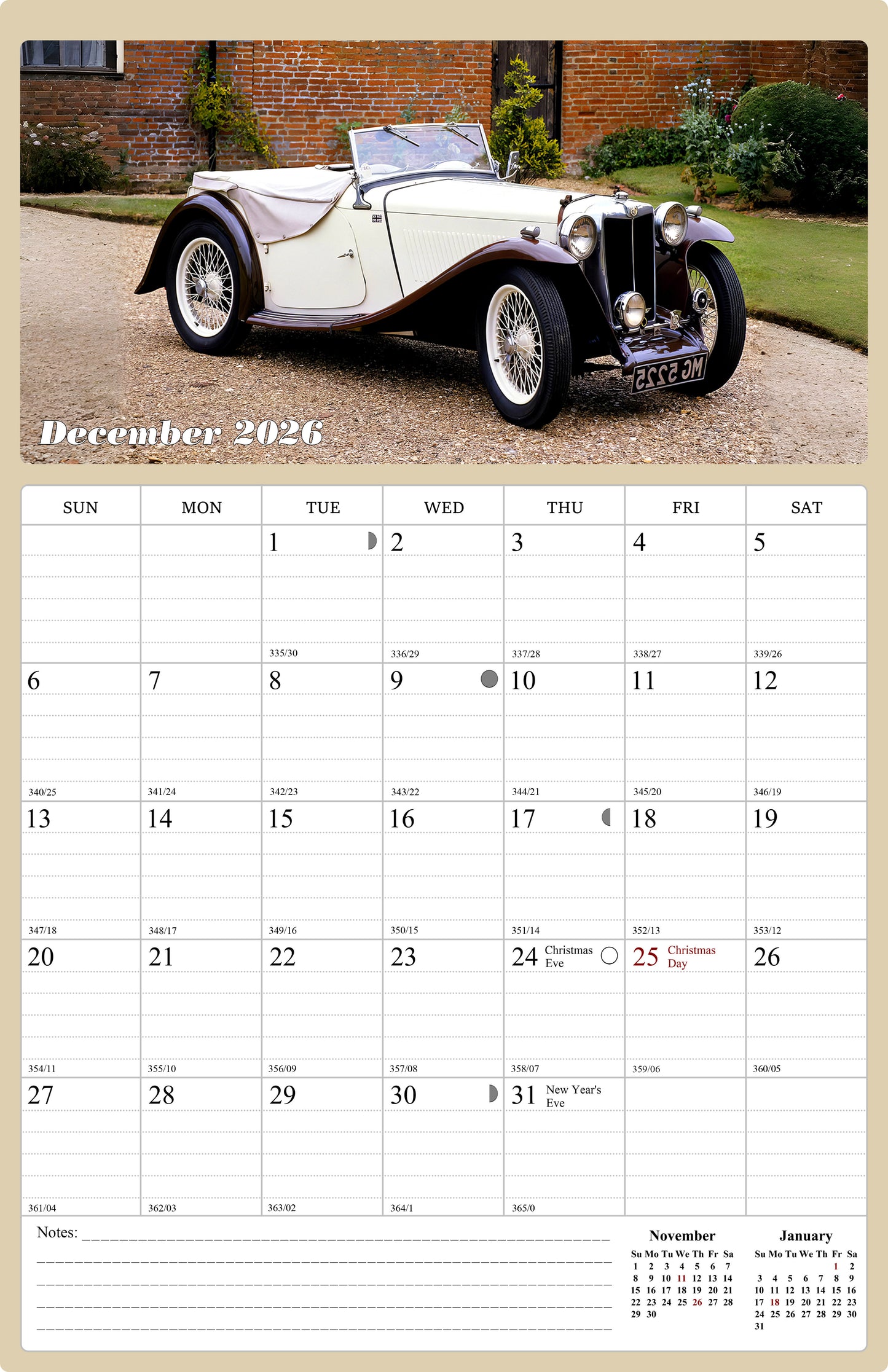 2026 Wall Calendar Spiral-bound Twin-Wire Binding - 12 Months Planner - Large Ruled Blocks with Julian Dates - (Classic Cars)