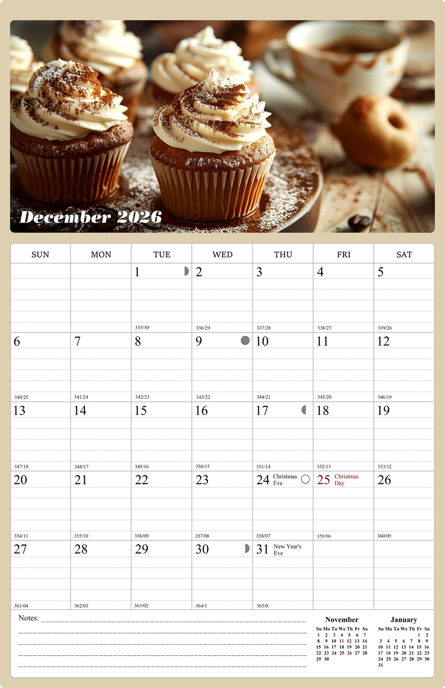 2025 - 2026 Wall Calendar Spiral-bound Twin - 18 Months (Cupcakes) 11" x 17"
