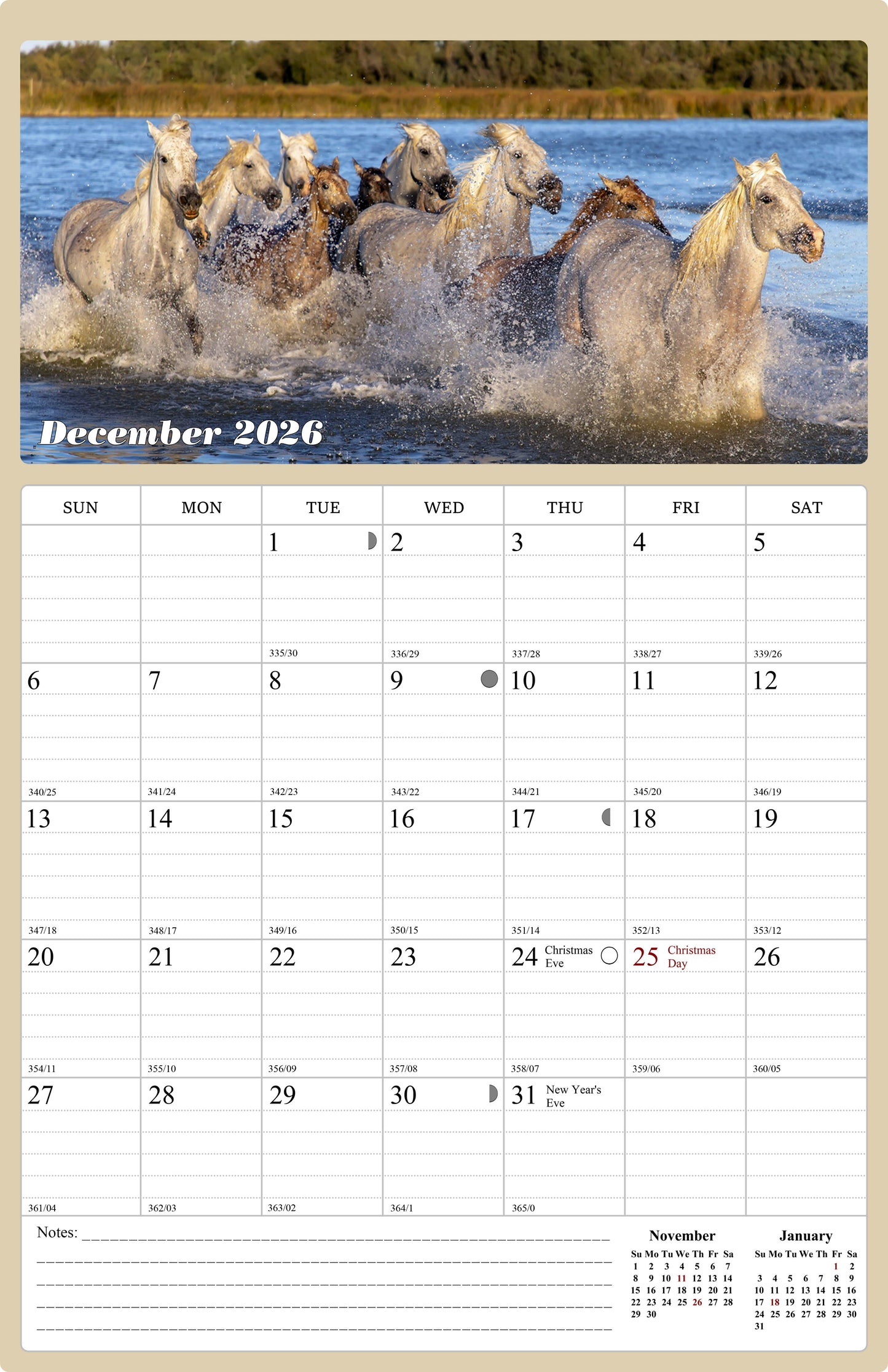 2025 - 2026 Wall Calendar Spiral-bound Twin - 18 Months (Horses) 11" x 17"