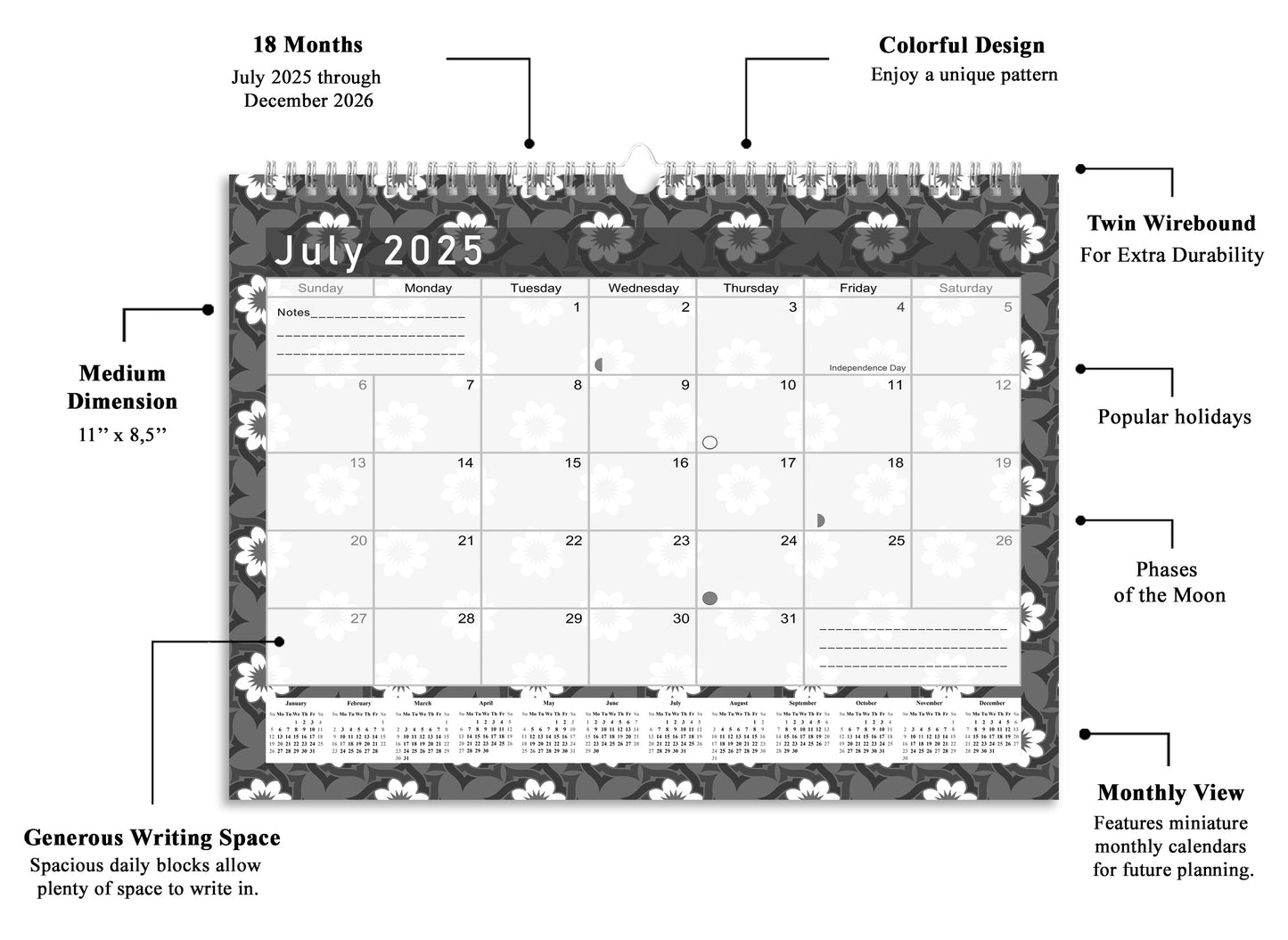 2025-2026 Monthly Spiral-Bound Wall/Desk Calendar - Desktop/Wall Blotter Calendar/Planner - (Edition B&W #017)
