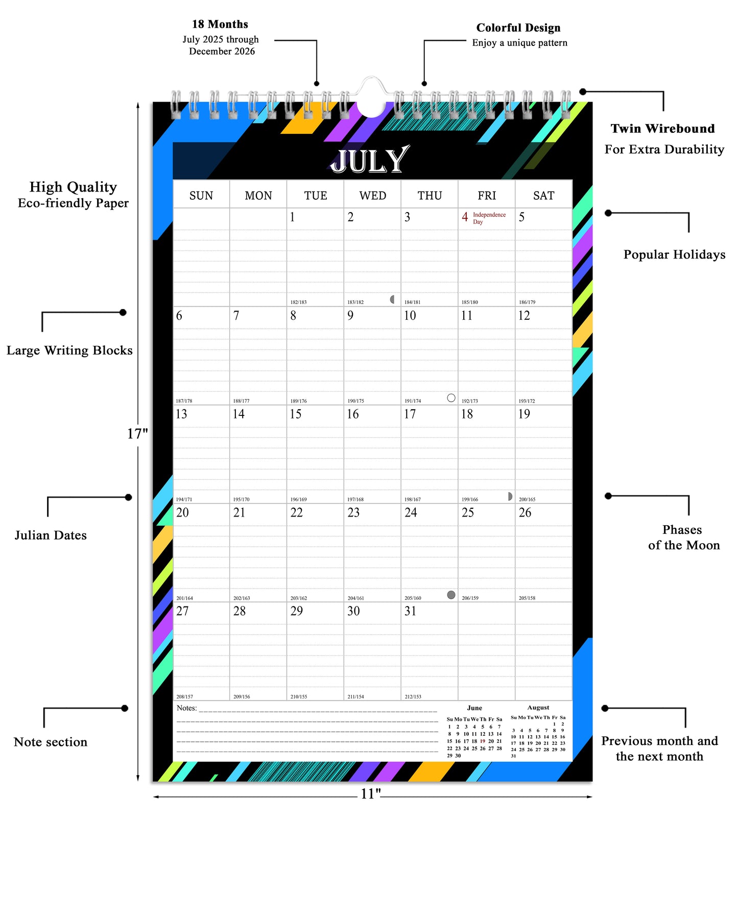 2025-2026 Wall Calendar Spiral-bound Twin-Wire Binding - 18 Months 11" x 17" 08