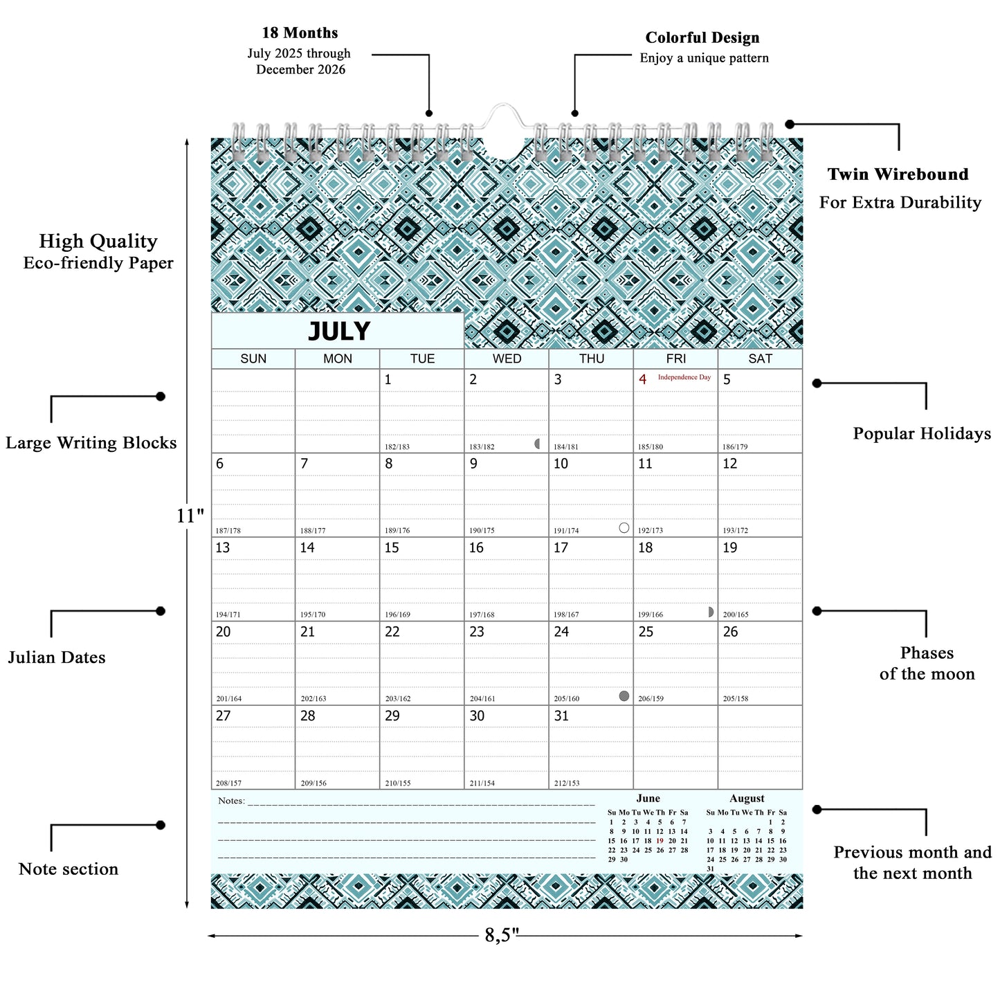 2025-2026 Wall Calendar Spiral-bound Twin-Wire Binding - 18 Months 8.5" x 11" 018