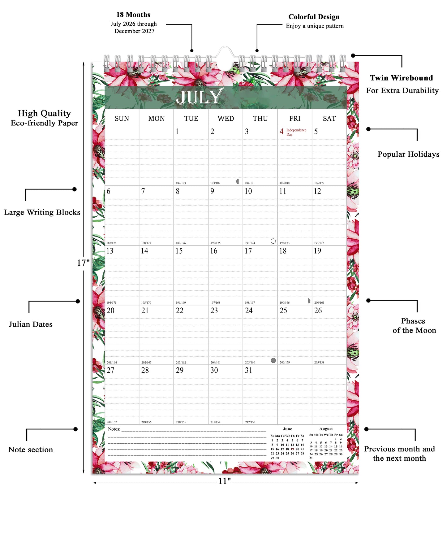 2026-2027 Wall Calendar Spiral-bound Twin-Wire Binding - 18 Months 11" x 17" 01