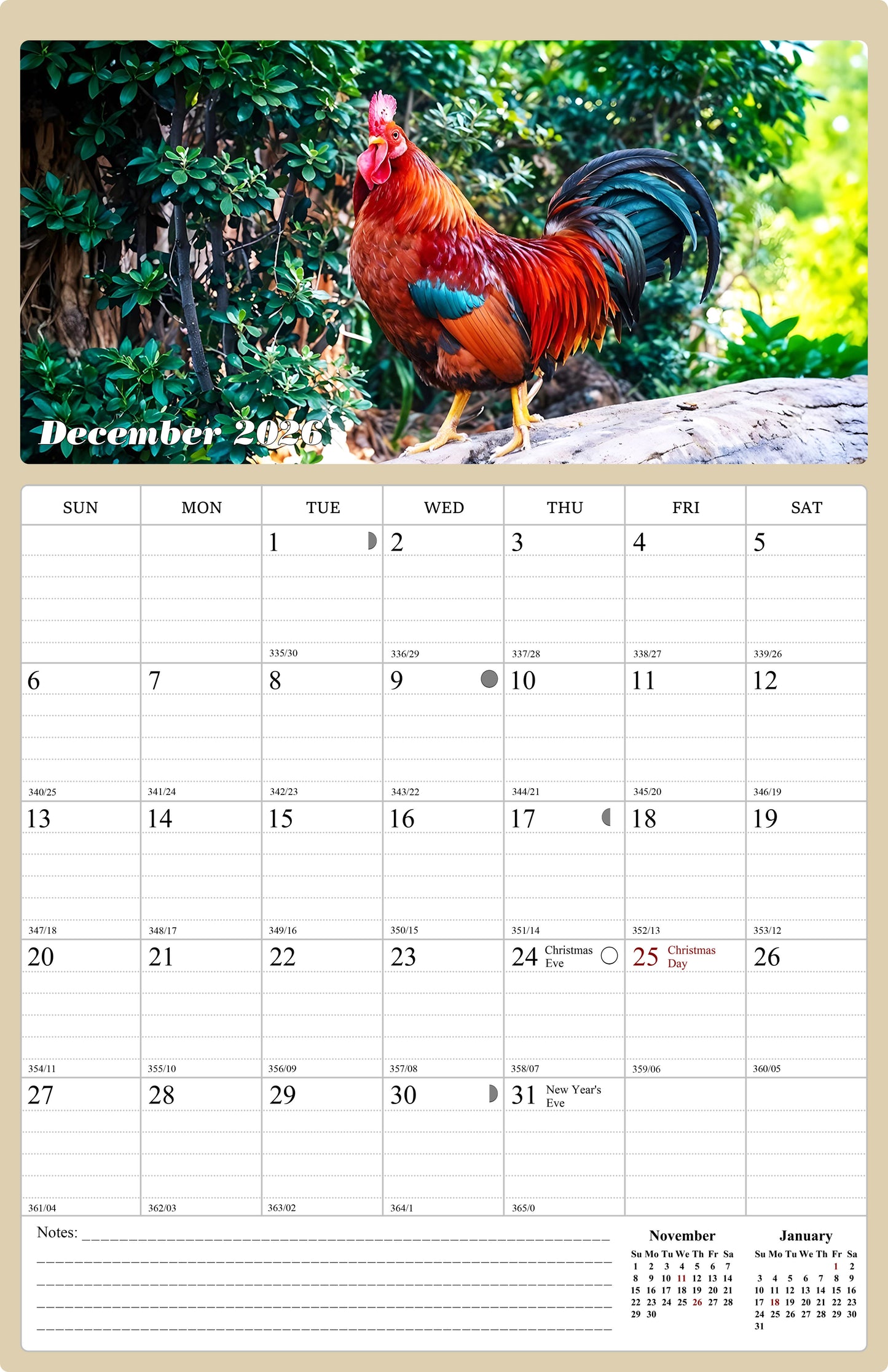 2025 - 2026 Wall Calendar Spiral-bound Twin - 18 Months (Roosters) 11" x 17"