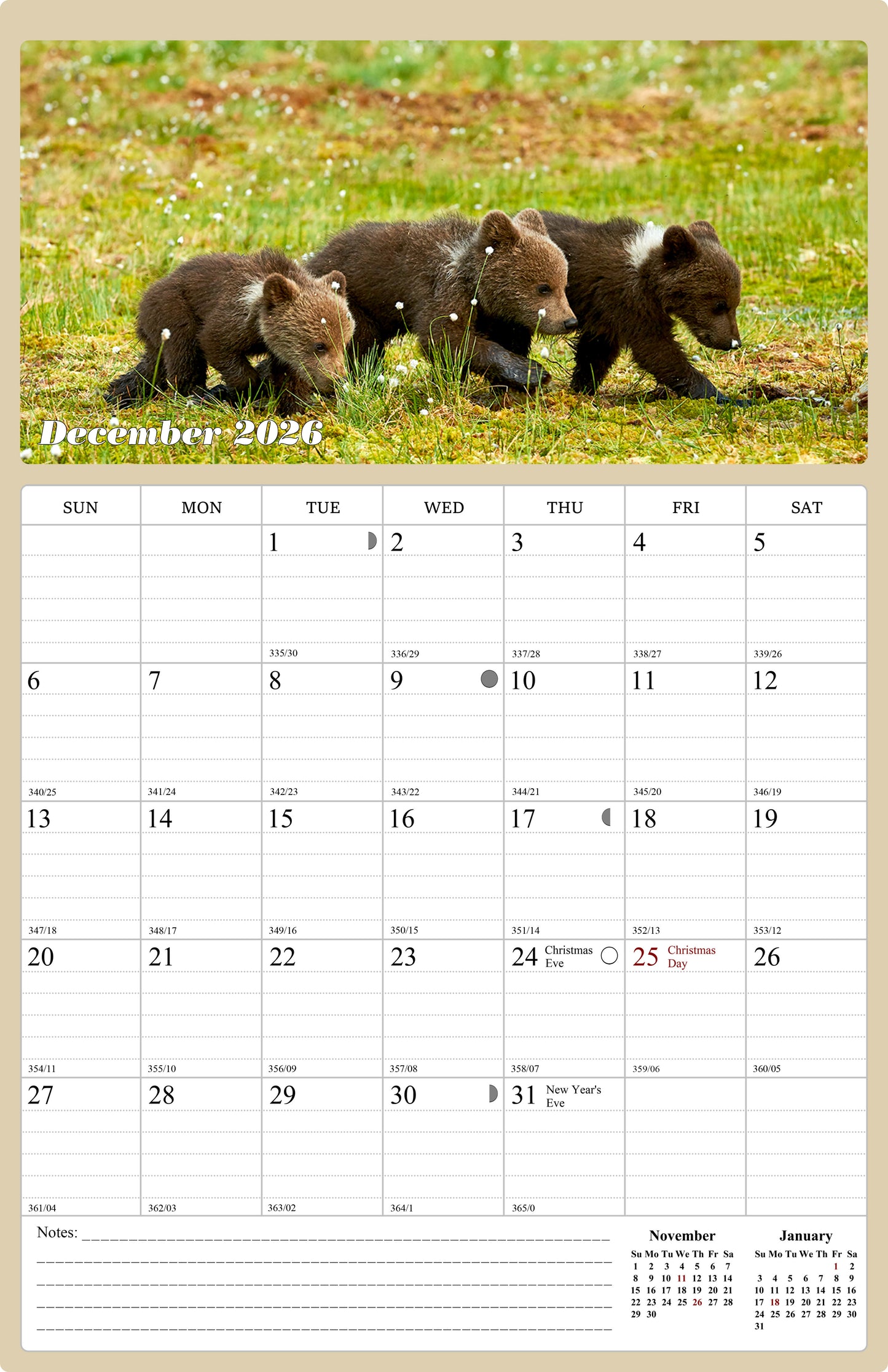 2025 - 2026 Wall Calendar Spiral-bound Twin - 18 Months (Baby Animals) 11" x 17"