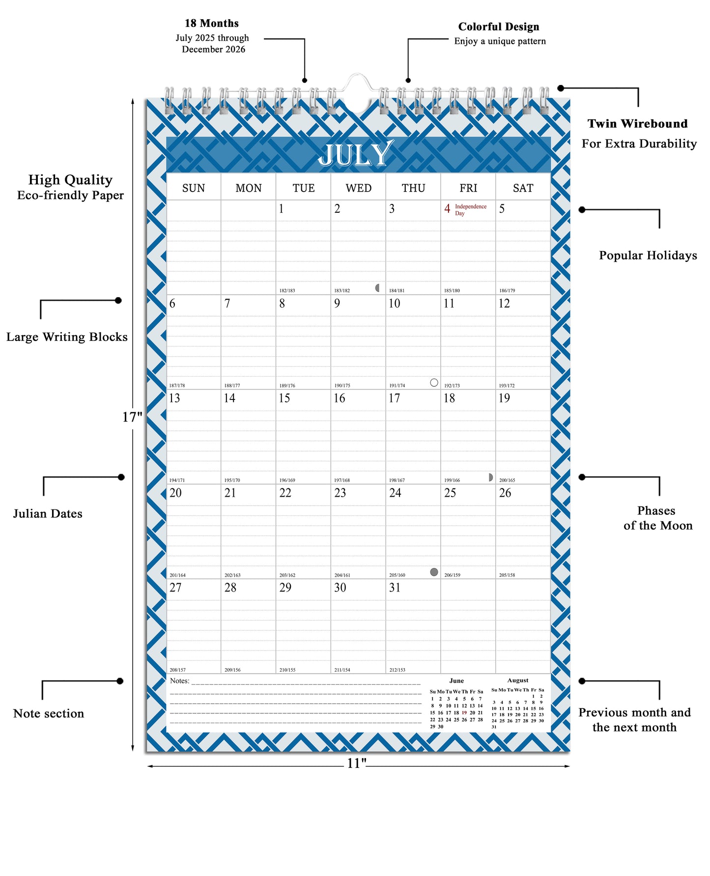 2025-2026 Wall Calendar Spiral-bound Twin-Wire Binding - 18 Months 11" x 17" 03