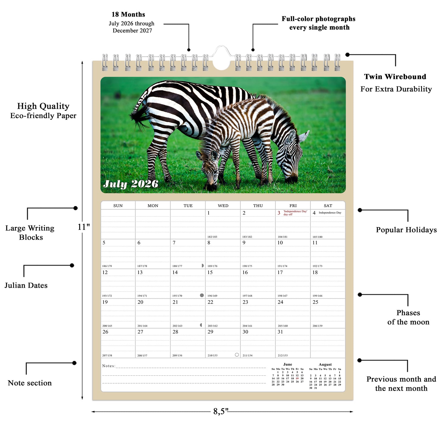 2026 - 2027 Calendar Magnetic Peel & Stick 18 Months 8.5" x 11" Baby Animals