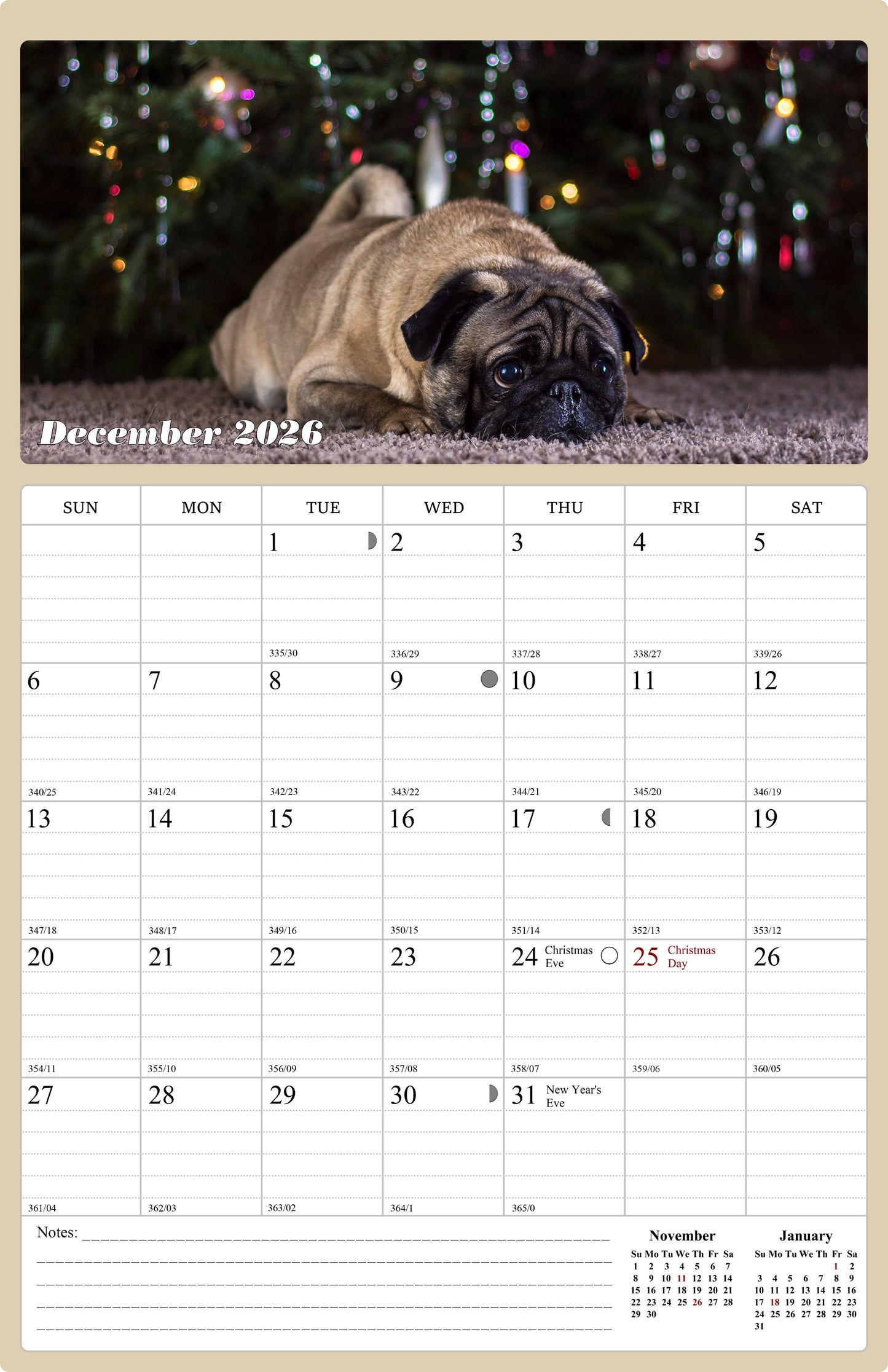2025 - 2026 Wall Calendar Spiral-bound Twin - 18 Months (Dogs) 11" x 17"