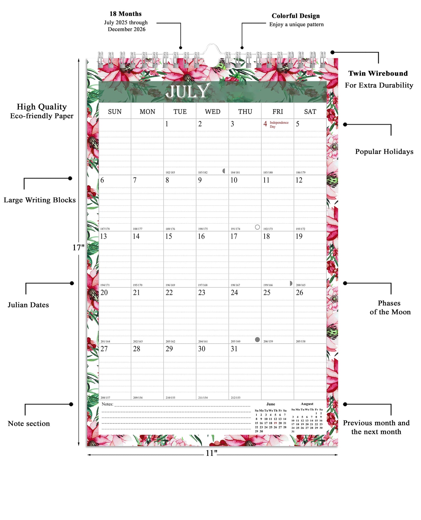 2025-2026 Wall Calendar Spiral-bound Twin-Wire Binding - 18 Months 11" x 17" 01