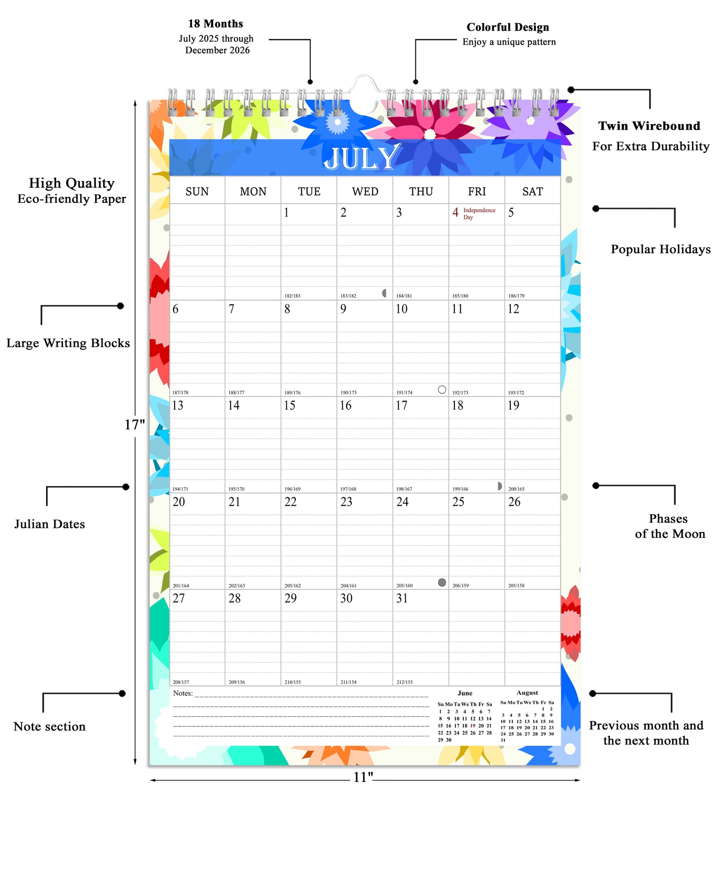 2025-2026 Wall Calendar Spiral-bound Twin-Wire Binding - 18 Months 11" x 17" 05