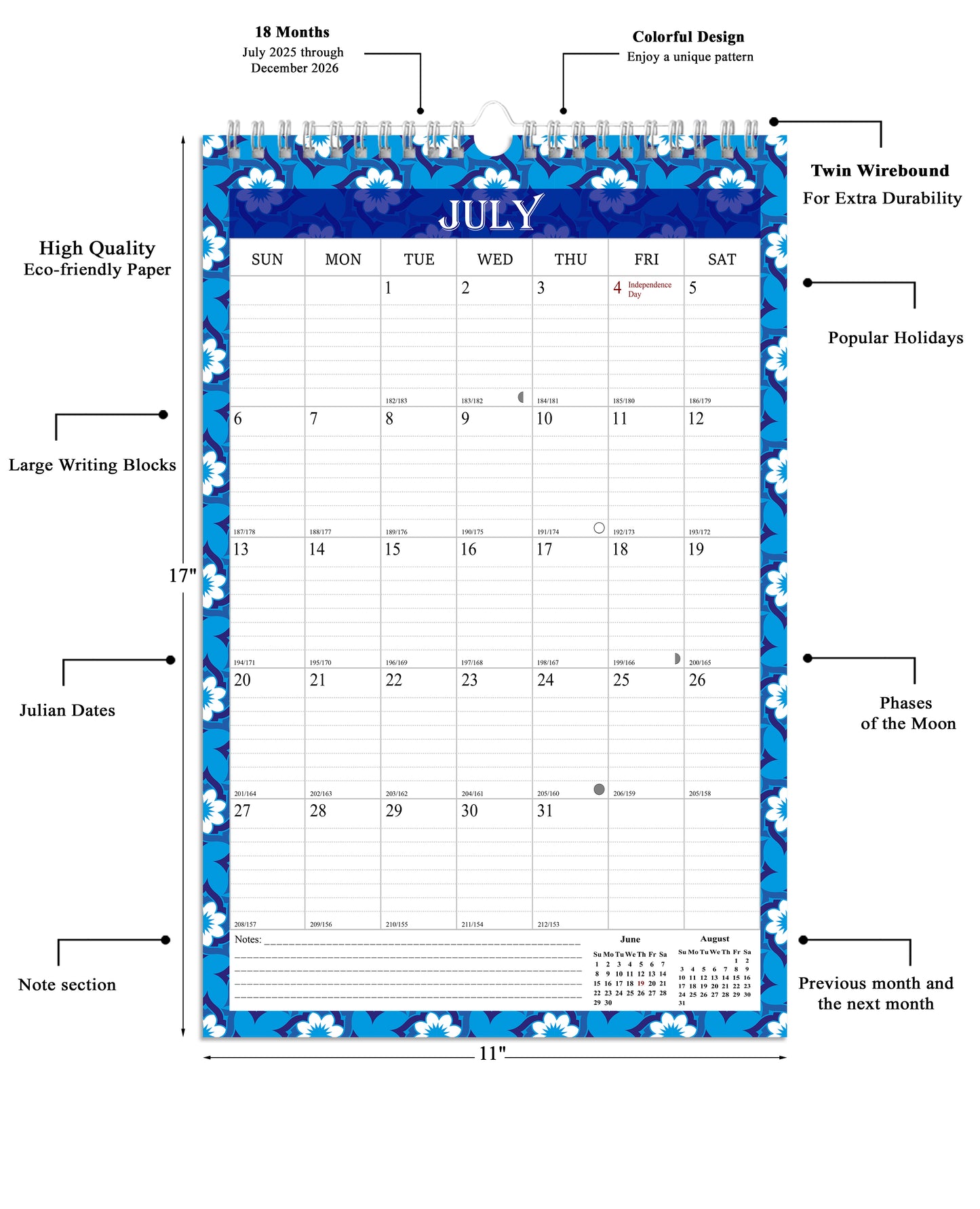2025-2026 Wall Calendar Spiral-bound Twin-Wire Binding - 18 Months 11" x 17" 014
