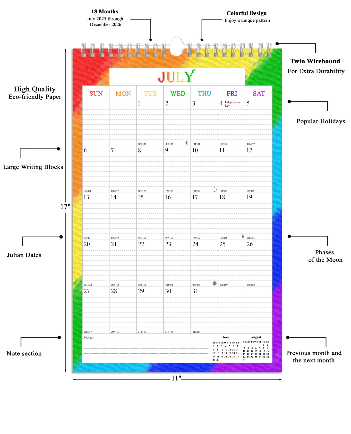 2025-2026 Wall Calendar Spiral-bound Twin-Wire Binding - 18 Months 11" x 17" 07