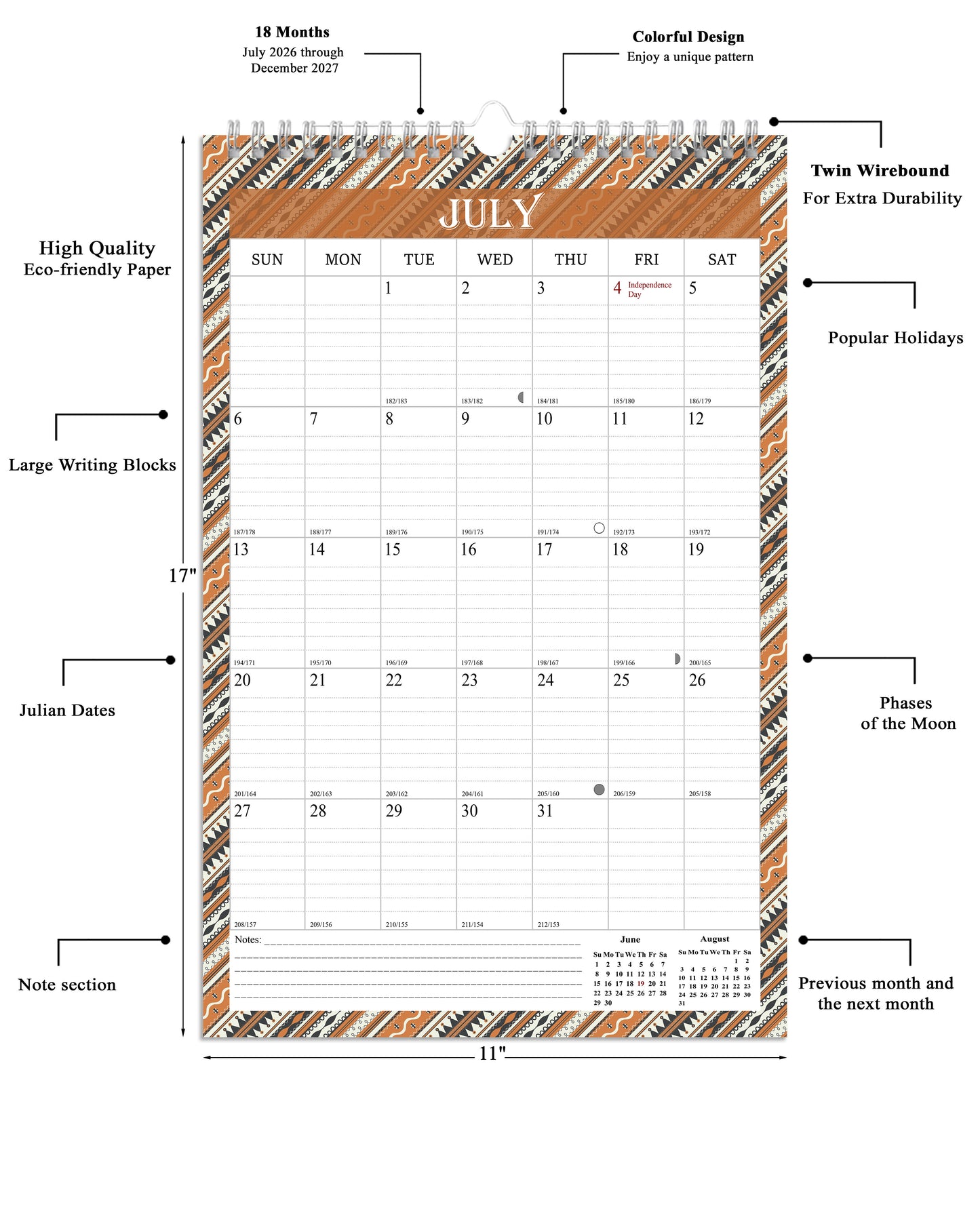 2026-2027 Wall Calendar Spiral-bound Twin-Wire Binding - 18 Months 11" x 17" 011