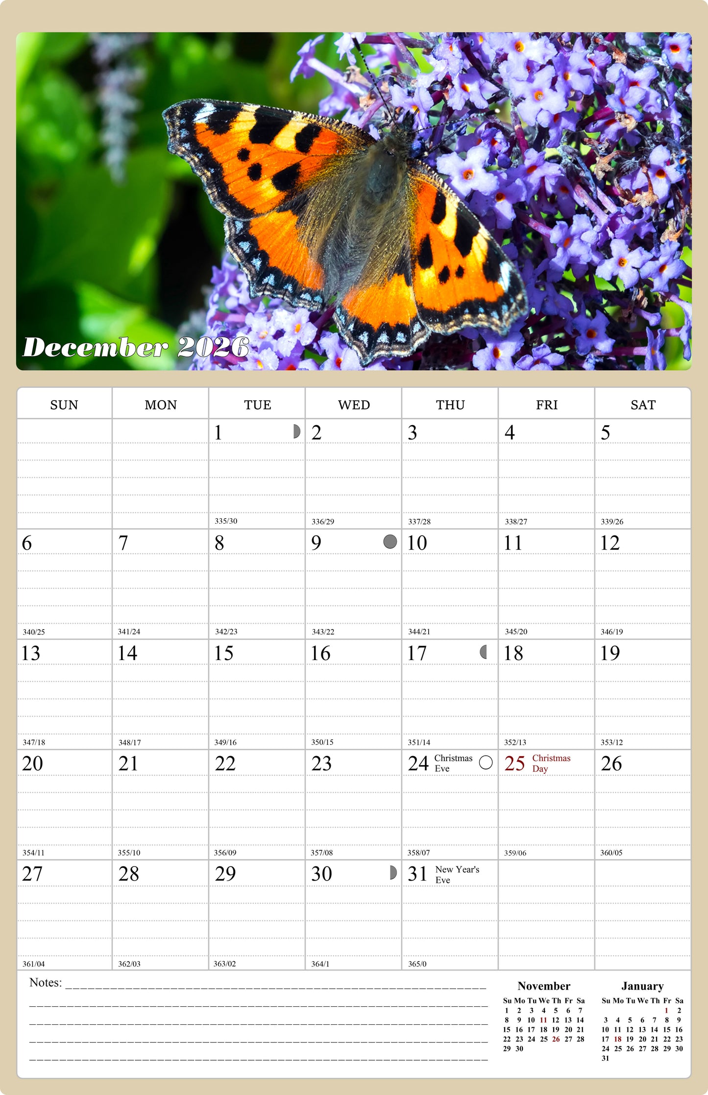 2025 - 2026 Wall Calendar Spiral-bound Twin - 18 Months (Butterflyes) 11" x 17"