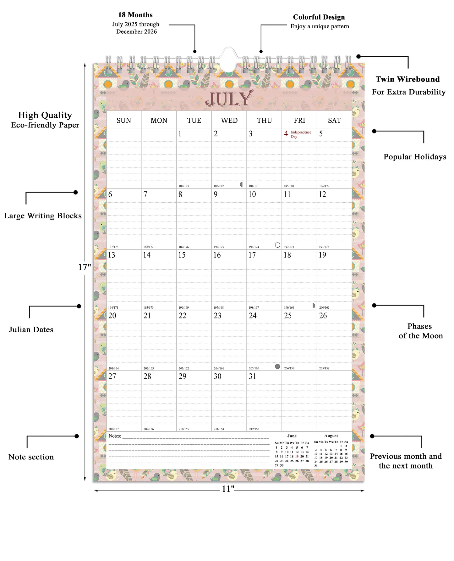 2025-2026 Wall Calendar Spiral-bound Twin-Wire Binding - 18 Months 11" x 17" 016