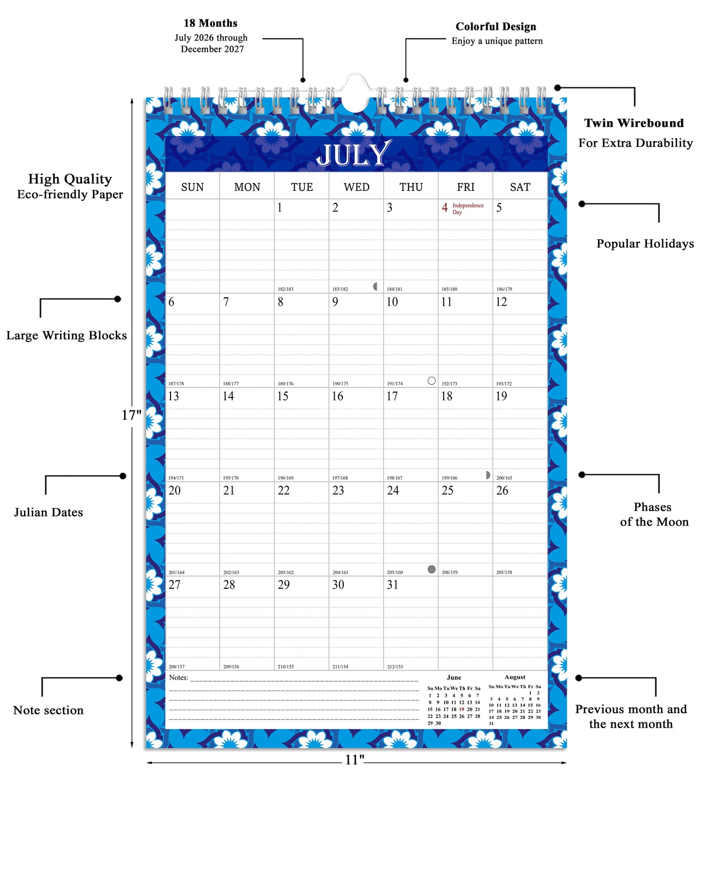 2026-2027 Wall Calendar Spiral-bound Twin-Wire Binding - 18 Months 11" x 17" 014