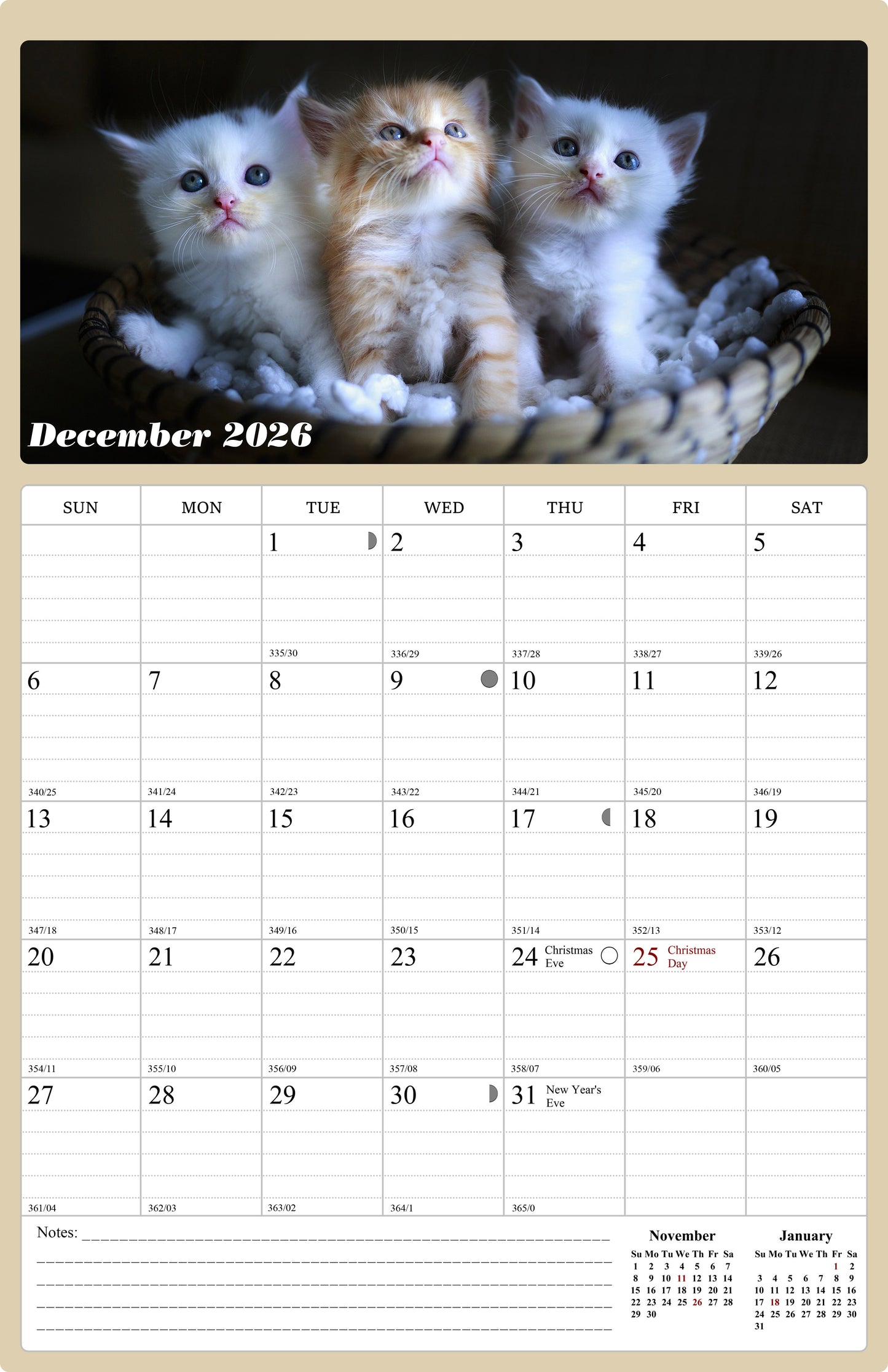 2025 - 2026 Wall Calendar Spiral-bound Twin - 18 Months (Cats) 11" x 17"