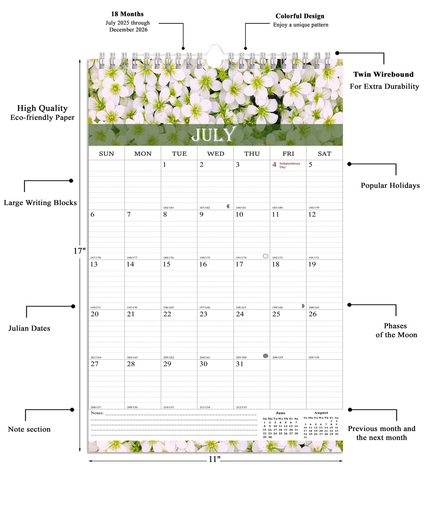 2025-2026 Wall Calendar Spiral-bound Twin-Wire Binding - 18 Months 11" x 17" 04