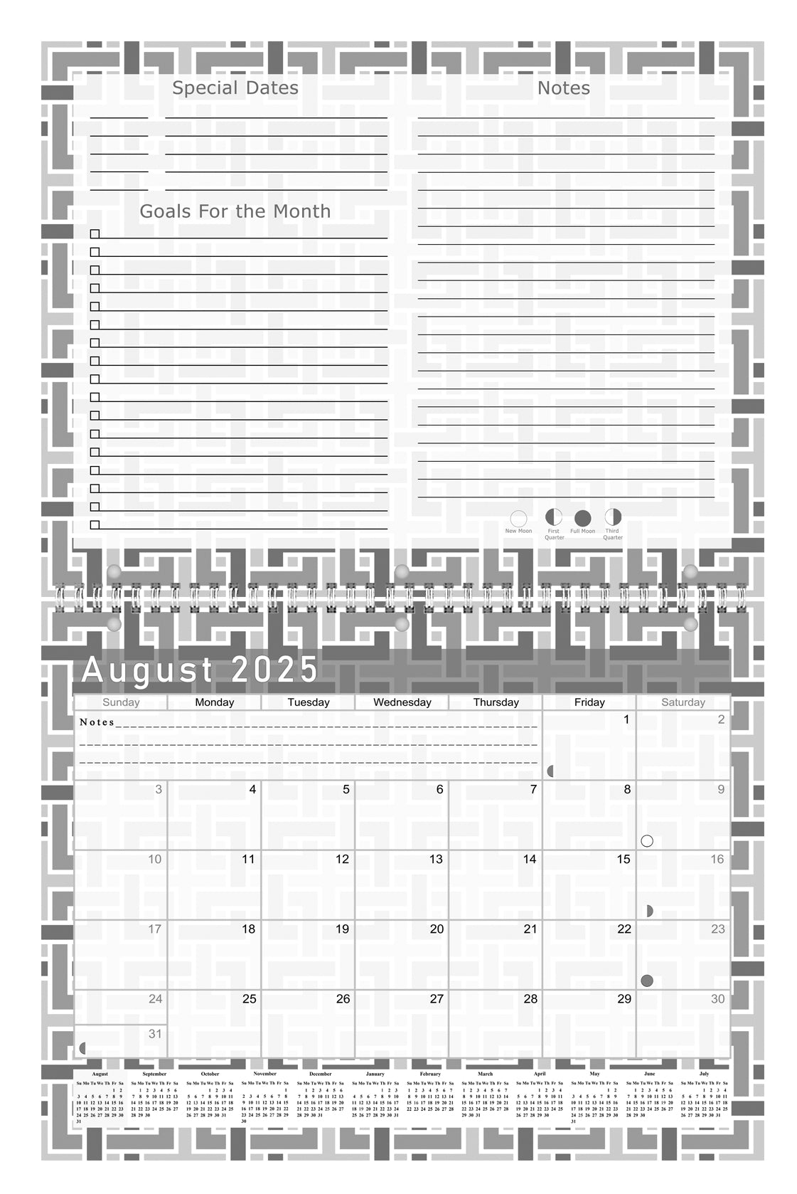 2025 - 2026 Academic Year 12 Months Student Calendar 3-Ring Binder - Back&White - (Edition #014)