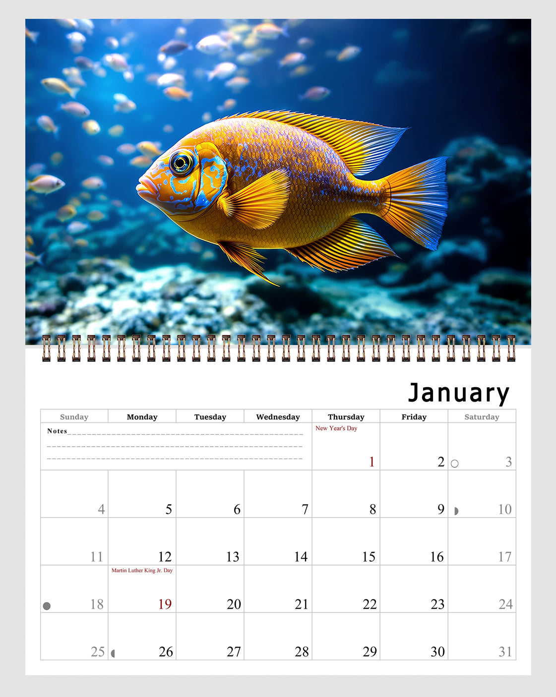 2026 Spiral-bound Wall Calendar (Tropical Fishes) - 12 Months Desktop/Wall Calendar/Planner