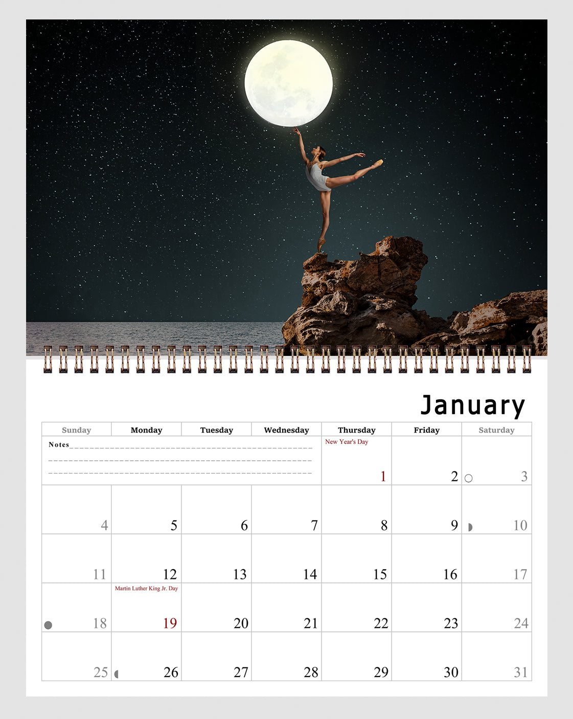 2026 Spiral-bound Wall Calendar (Moons) - 12 Months Desktop/Wall Calendar/Planner