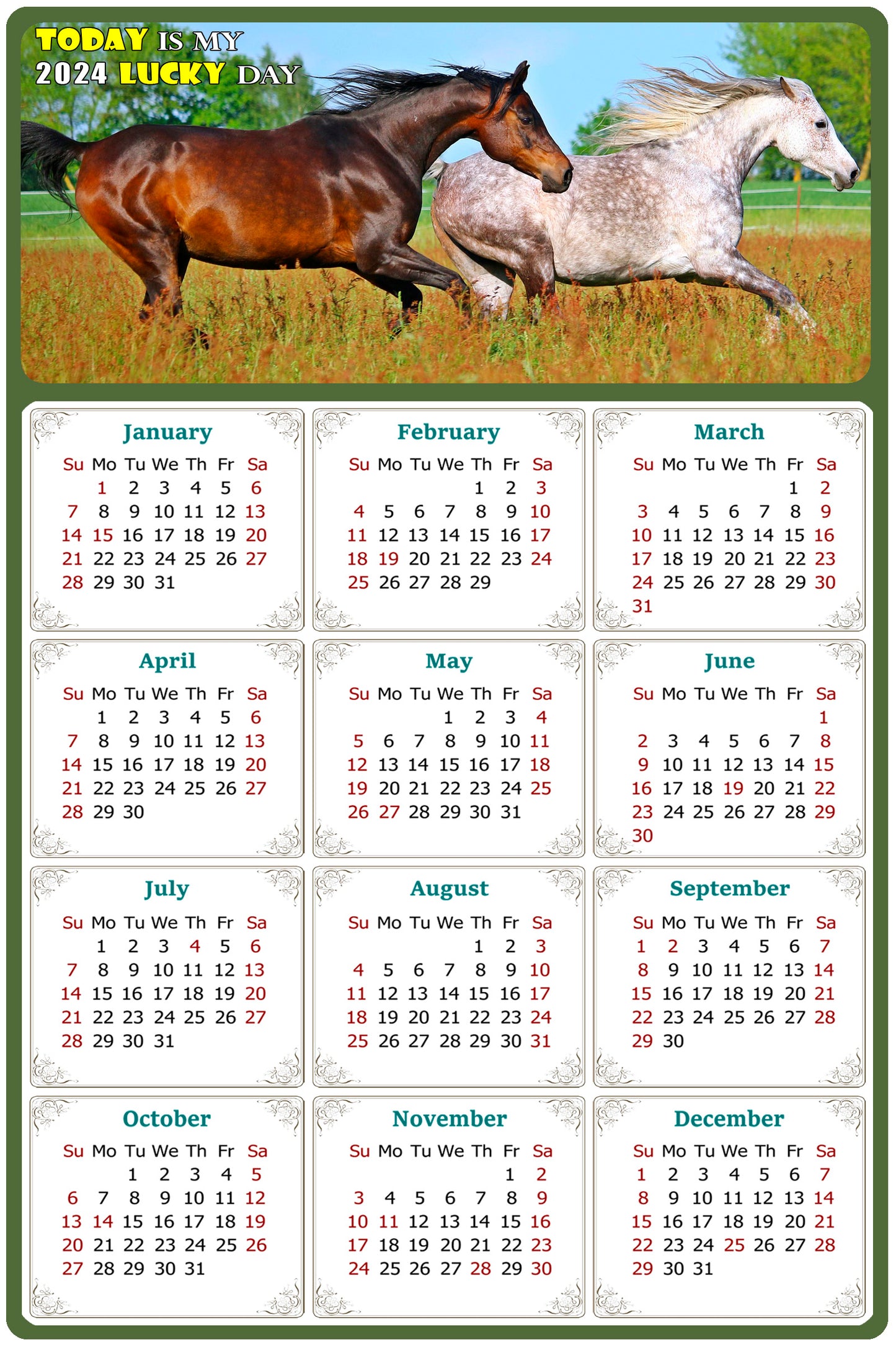 2024 Magnetic Calendar - Calendar Magnets - Today is my Lucky Day - (Fade, Tear, and Water Resistant) - Horses Themed 03