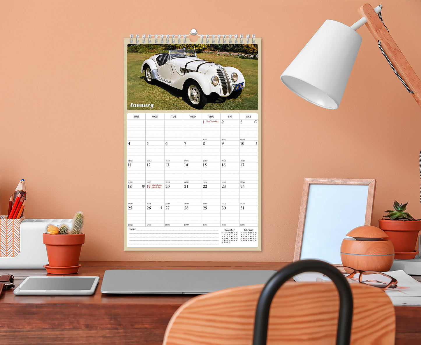 2025 - 2026 Wall Calendar Spiral-bound Twin-Wire Binding - 18 Months Planner - Large Ruled Blocks with Julian Dates - (Classic Cars)